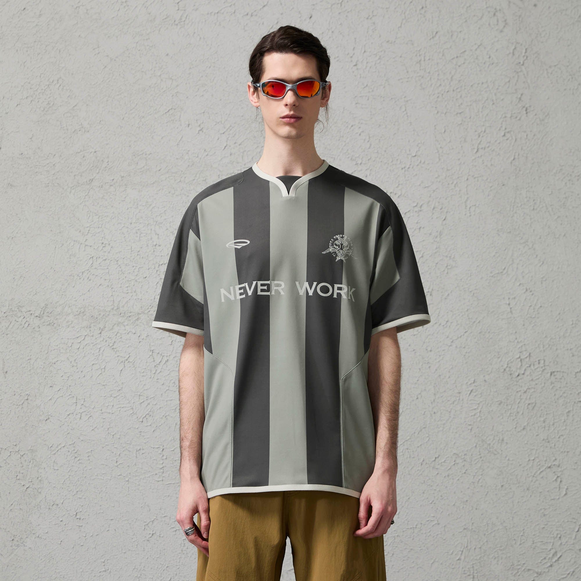 ORGANIC EMOTION Never Work Slogan Stripes Spliced Jersey-T Shirt-S-Gray-Free Shipping Leatheretro