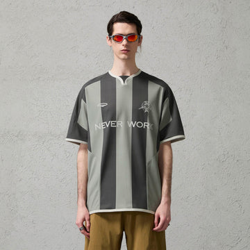 ORGANIC EMOTION Never Work Slogan Stripes Spliced Jersey-T Shirt-S-Gray-Free Shipping Leatheretro