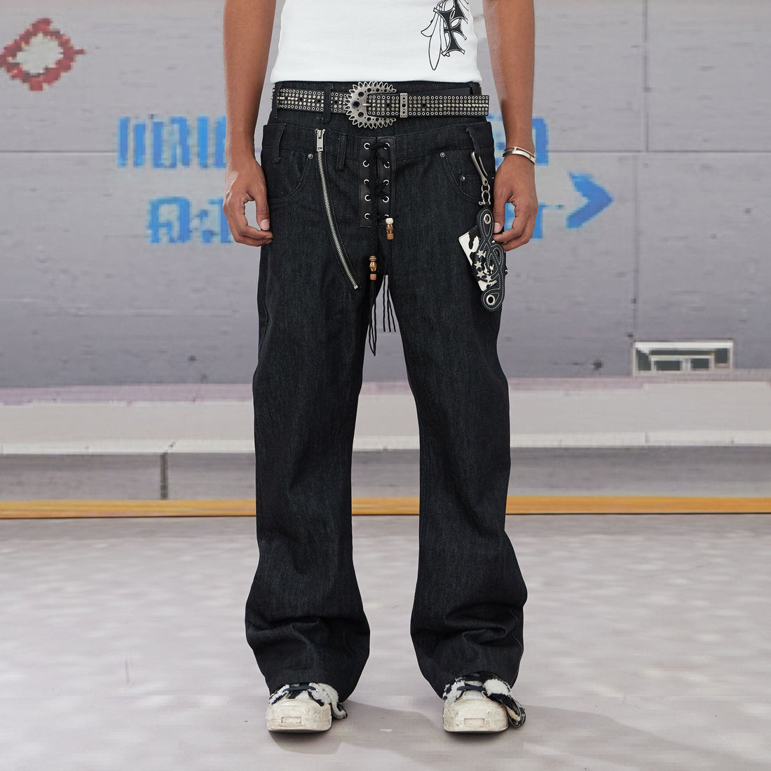 DND4DES Slanted Zipper Lace-Up Double-Waistband Raw Jeans-Jeans-XS-Free Shipping Leatheretro