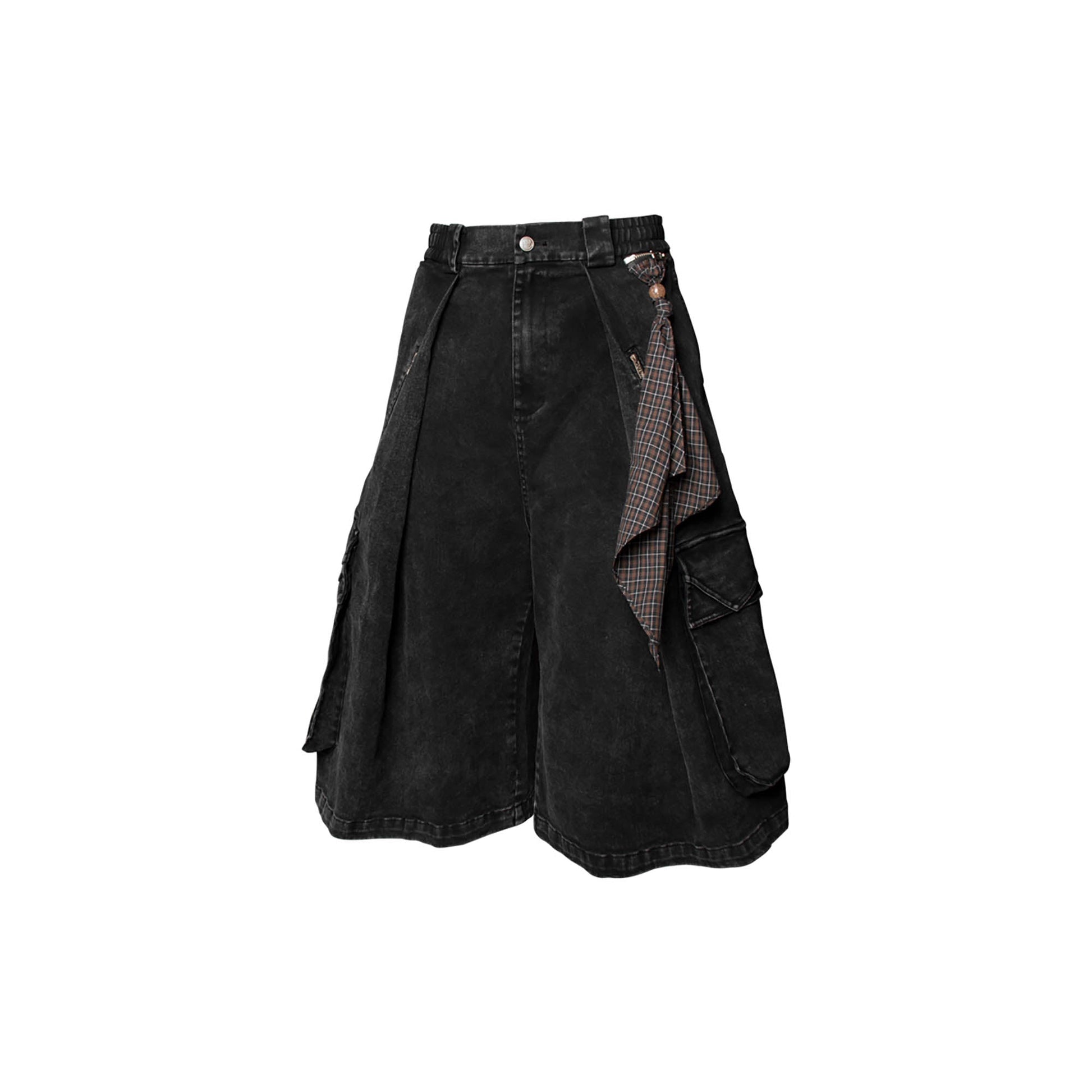 RELABEL Detachable Scarf Washed Multi-Pocket Wide-Leg Shorts Black-Shorts-XS-Free Shipping Leatheretro