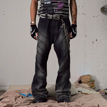 DND4DES Scratch Marks Distressed Flared Jeans Black-Jeans-S-Free Shipping Leatheretro