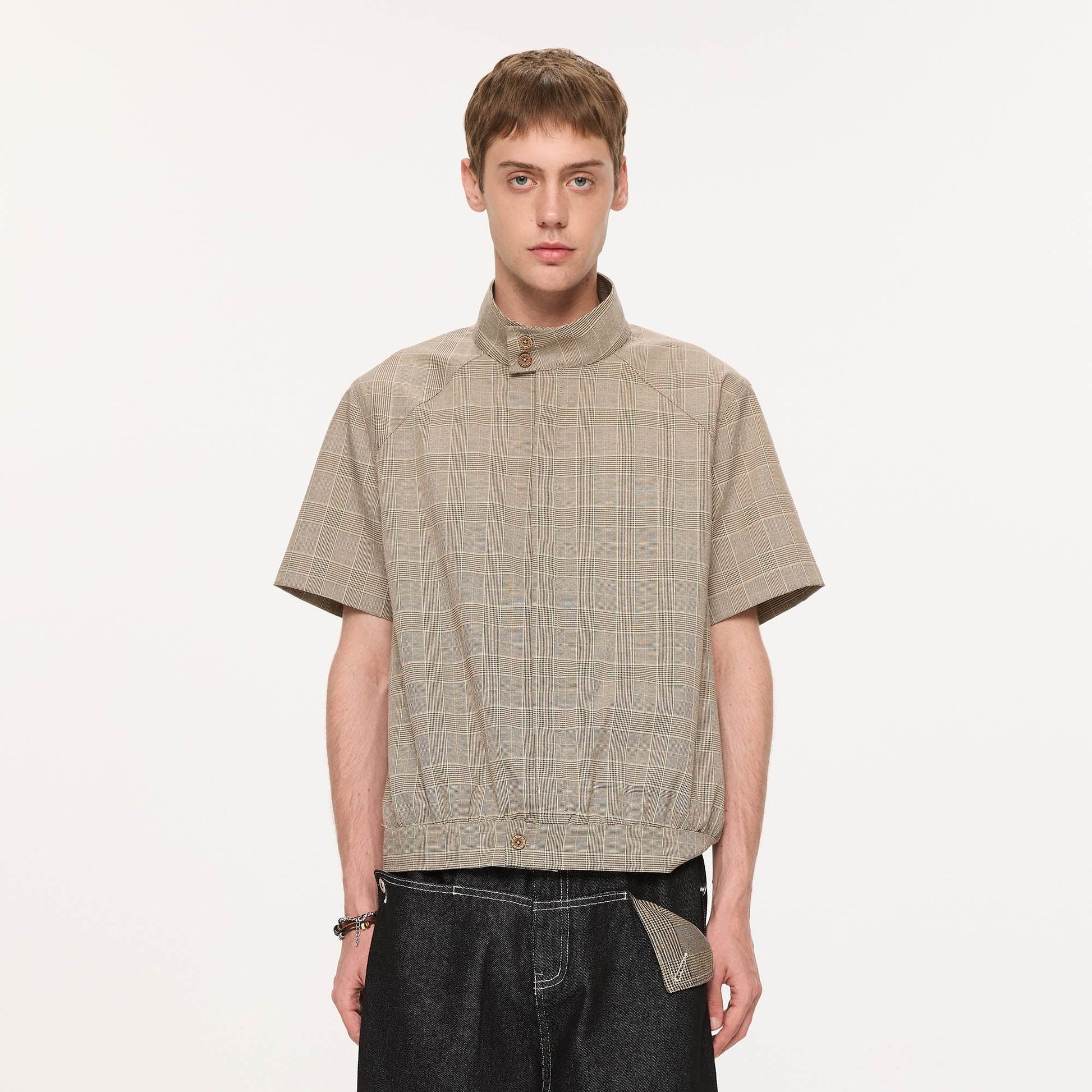 KREATE Harrington Stand-Collar Half Sleeve Shirt-Half shirt-S-Khaki-Free Shipping Leatheretro