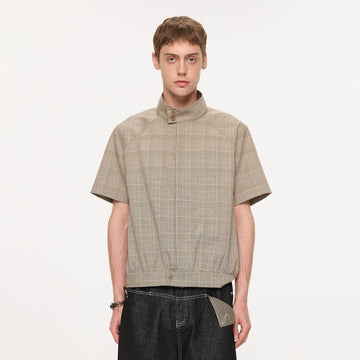 KREATE Harrington Stand-Collar Half Sleeve Shirt-Half shirt-S-Khaki-Free Shipping Leatheretro