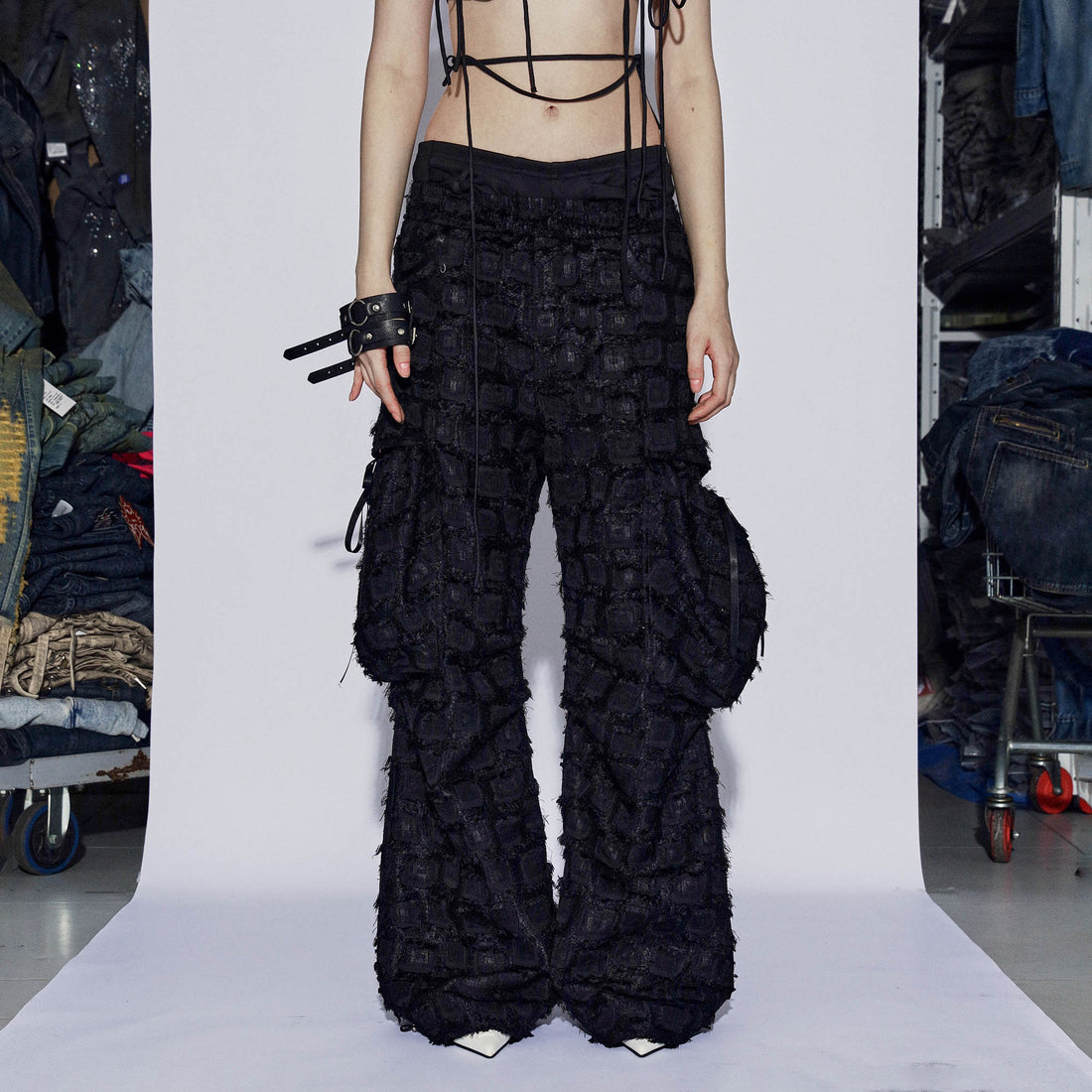 DND4DESxFaychui Fuzzy Grid Multi-Pocket Low-Rise Pants-Pants-S-Free Shipping Leatheretro