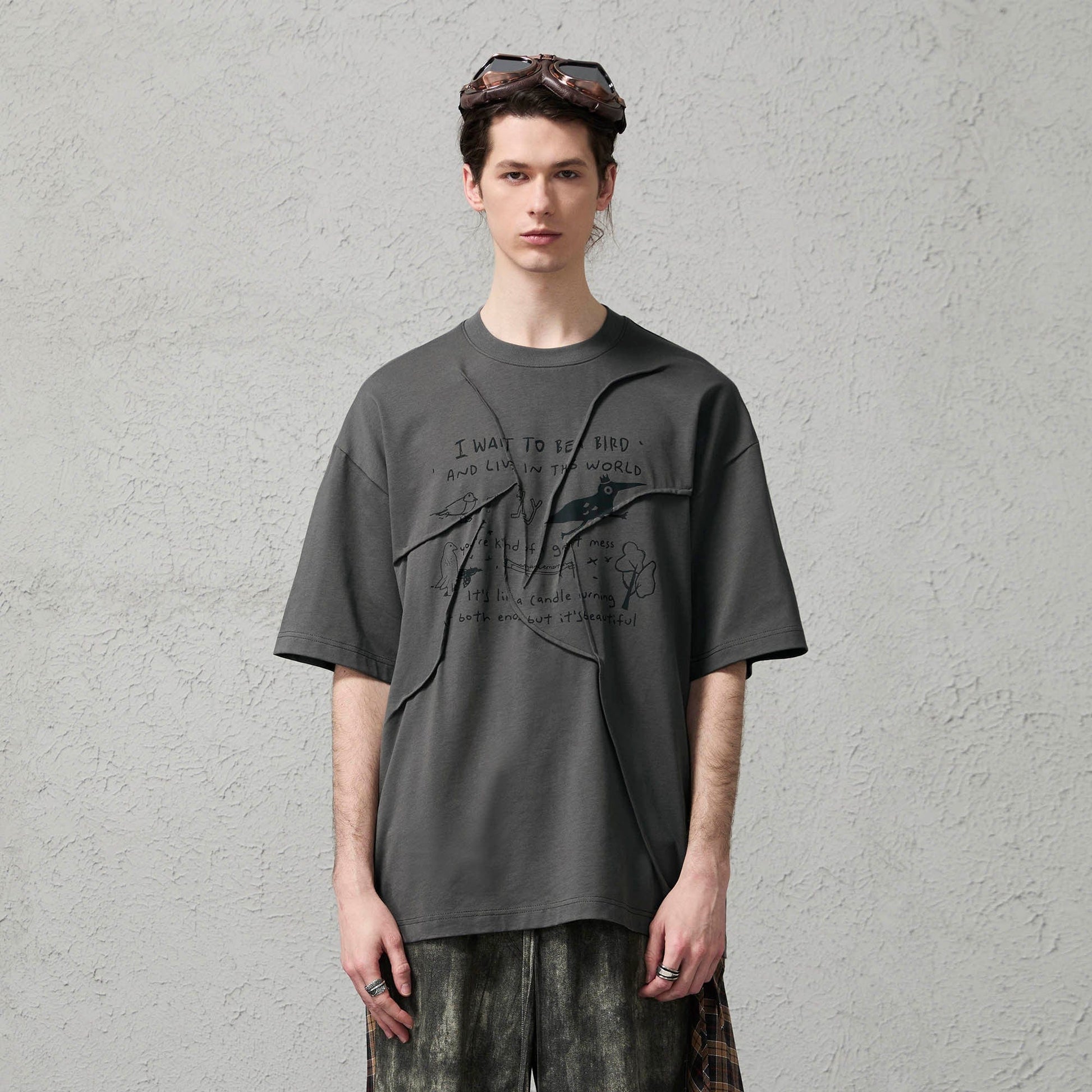 ORGANIC EMOTION Asymmetrical Pleated Script Graphic T-Shirt-T Shirt-S-Free Shipping Leatheretro