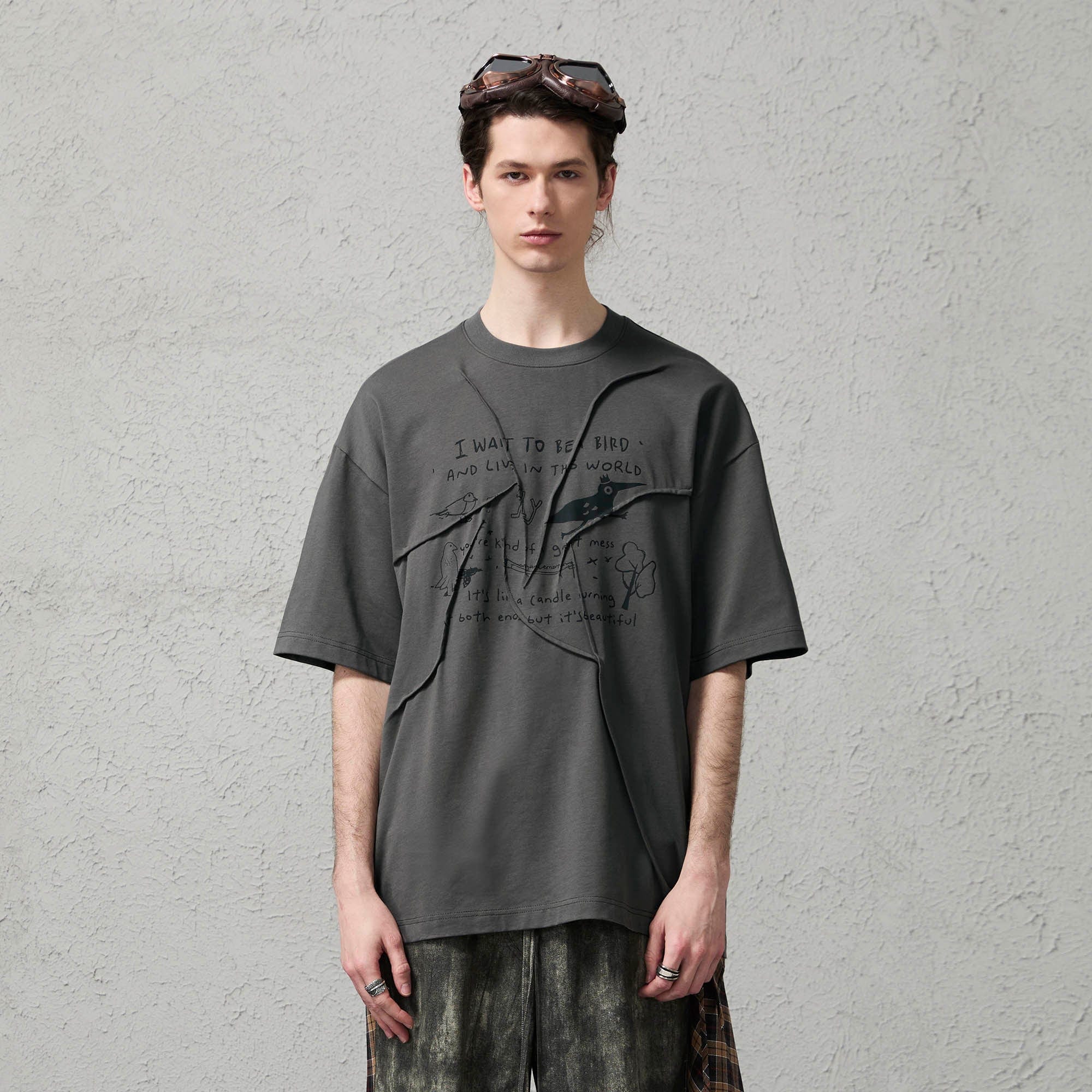 ORGANIC EMOTION Asymmetrical Pleated Script Graphic T-Shirt-T Shirt-S-Free Shipping Leatheretro