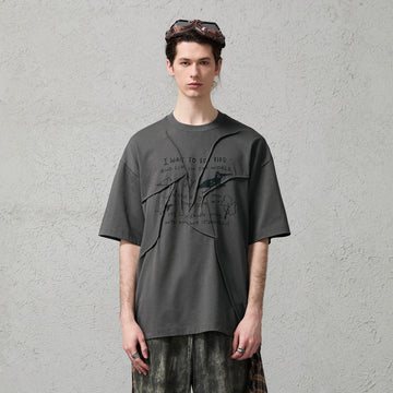 ORGANIC EMOTION Asymmetrical Pleated Script Graphic T-Shirt-T Shirt-S-Free Shipping Leatheretro