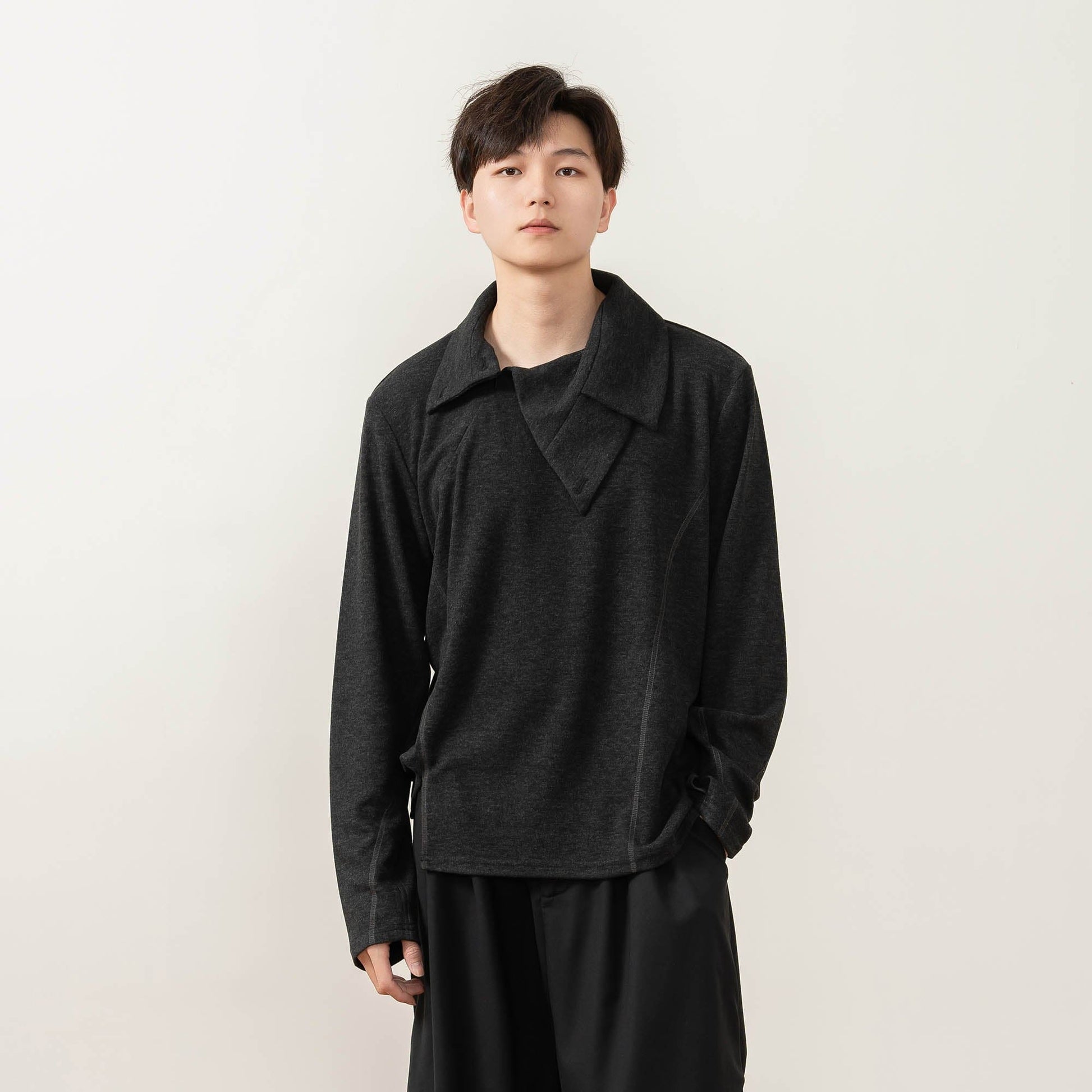 MOITIEDEPETALE Asymmetrical Collar Stitch Spliced Pullover-L/S Tee-XS-Free Shipping Leatheretro
