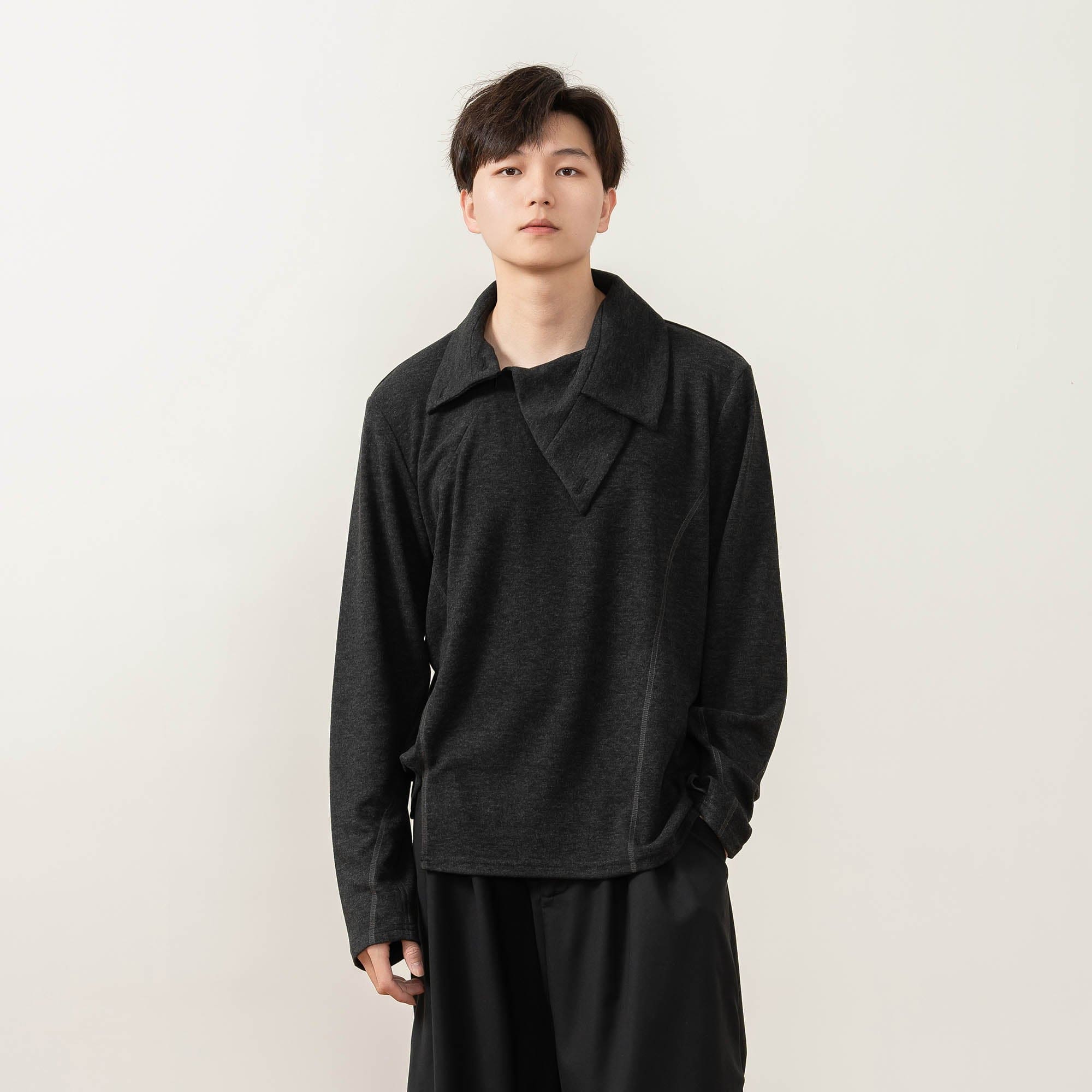 MOITIEDEPETALE Asymmetrical Collar Stitch Spliced Pullover-L/S Tee-XS-Free Shipping Leatheretro