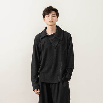 MOITIEDEPETALE Asymmetrical Collar Stitch Spliced Pullover-L/S Tee-XS-Free Shipping Leatheretro