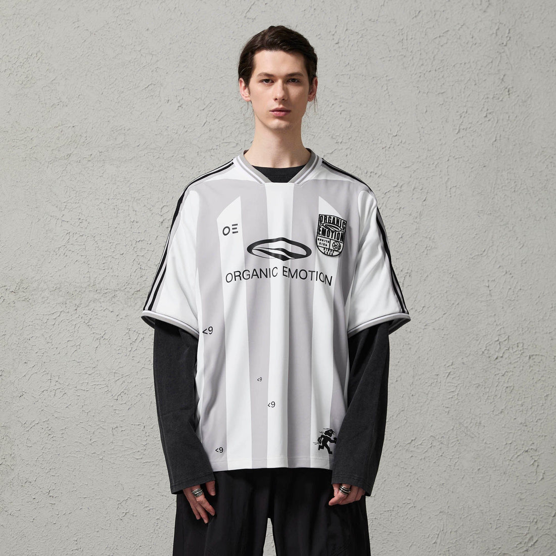 ORGANIC EMOTION Striped Badge Graphics Soccer Jersey-T Shirt-S-Gray-Free Shipping Leatheretro