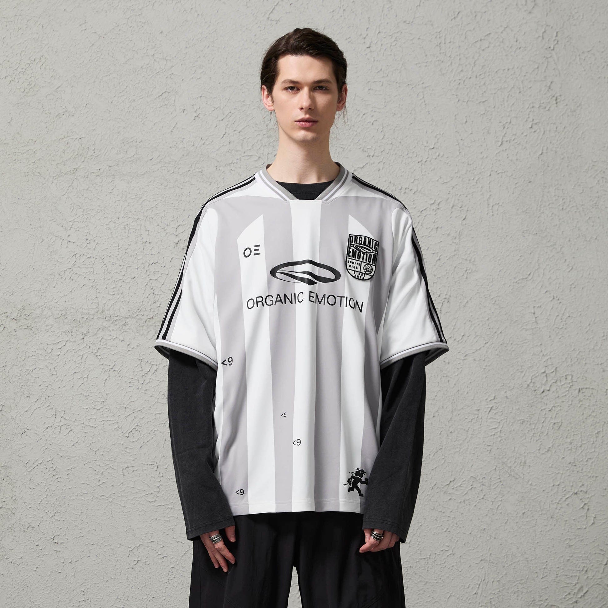 ORGANIC EMOTION Striped Badge Graphics Soccer Jersey-T Shirt-S-Gray-Free Shipping Leatheretro