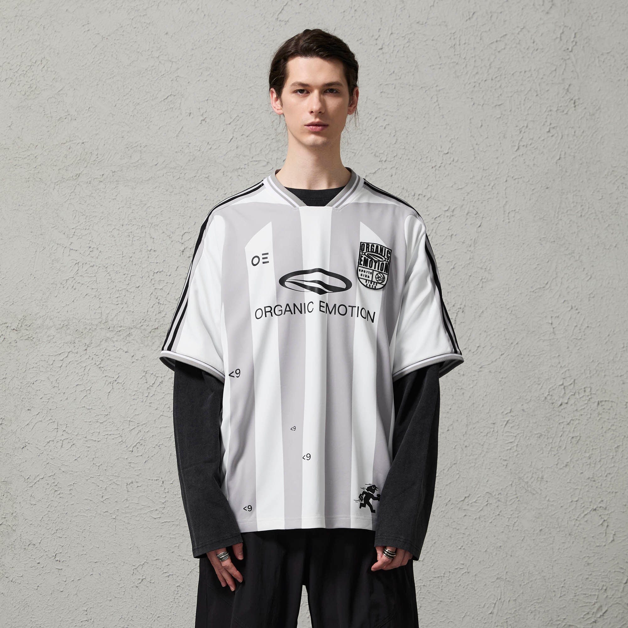 ORGANIC EMOTION Striped Badge Graphics Soccer Jersey-T Shirt-S-Gray-Free Shipping Leatheretro