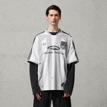 ORGANIC EMOTION Striped Badge Graphics Soccer Jersey-T Shirt-S-Gray-Free Shipping Leatheretro