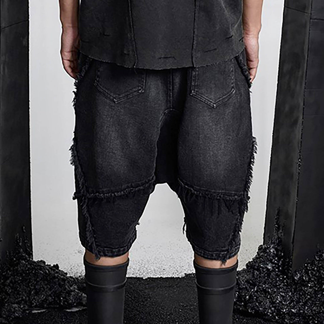 SSIN7 Washed Frayed Spliced Denim Shorts-Shorts-S-Free Shipping Leatheretro