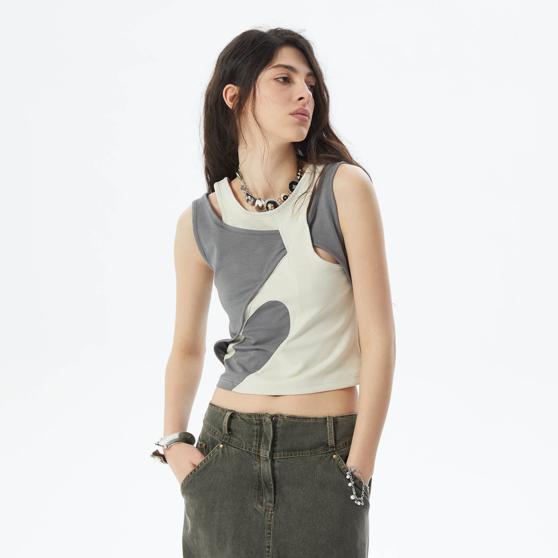 ERROR CODE ROBOT Asymmetrical Contrast Layered Tank Top-Tank Top-XS-Free Shipping Leatheretro