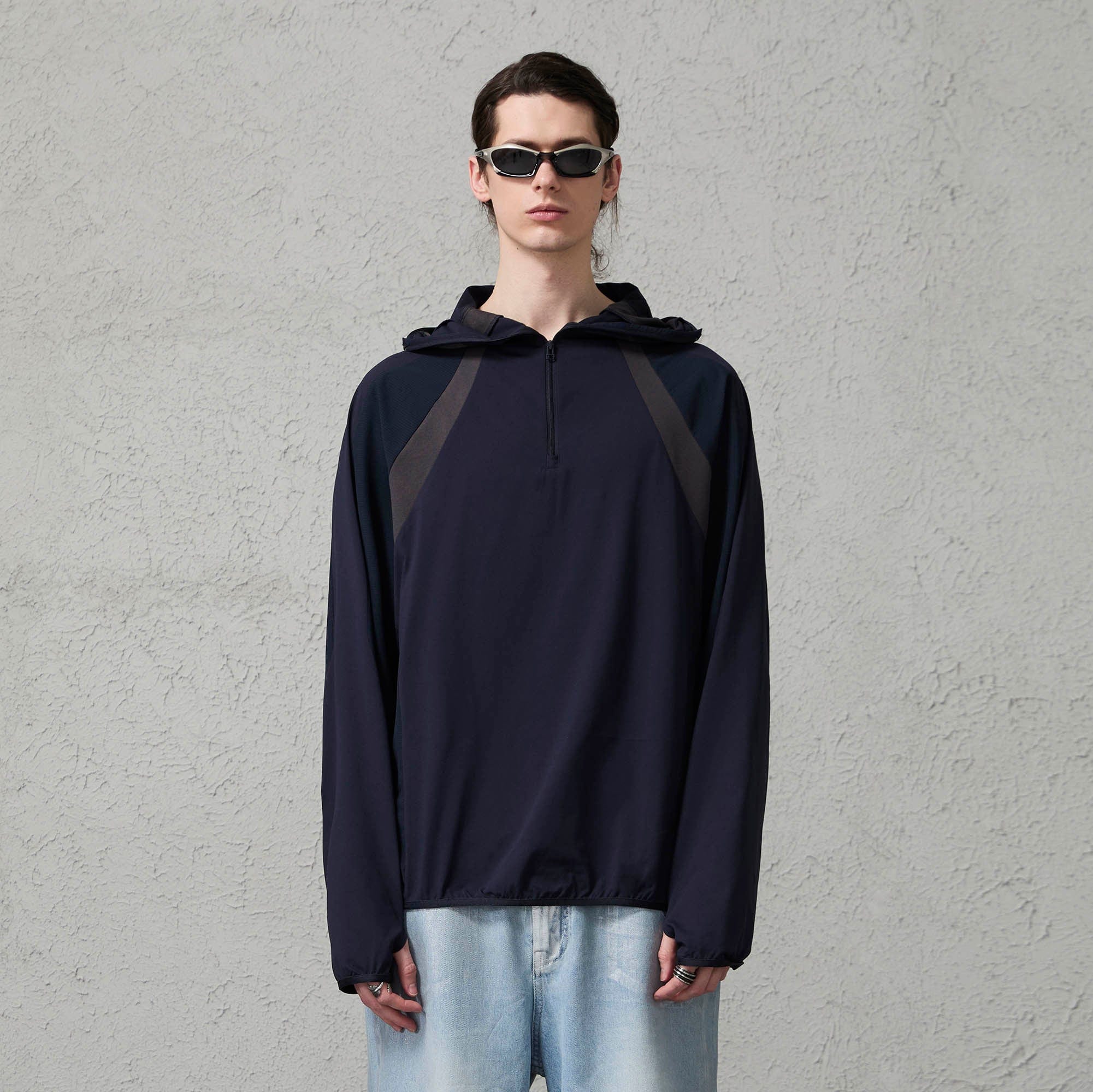 ORGANIC EMOTION Contrast Spliced Hooded Sorona Pullover Jacket-Jacket-S-Navy-Free Shipping Leatheretro