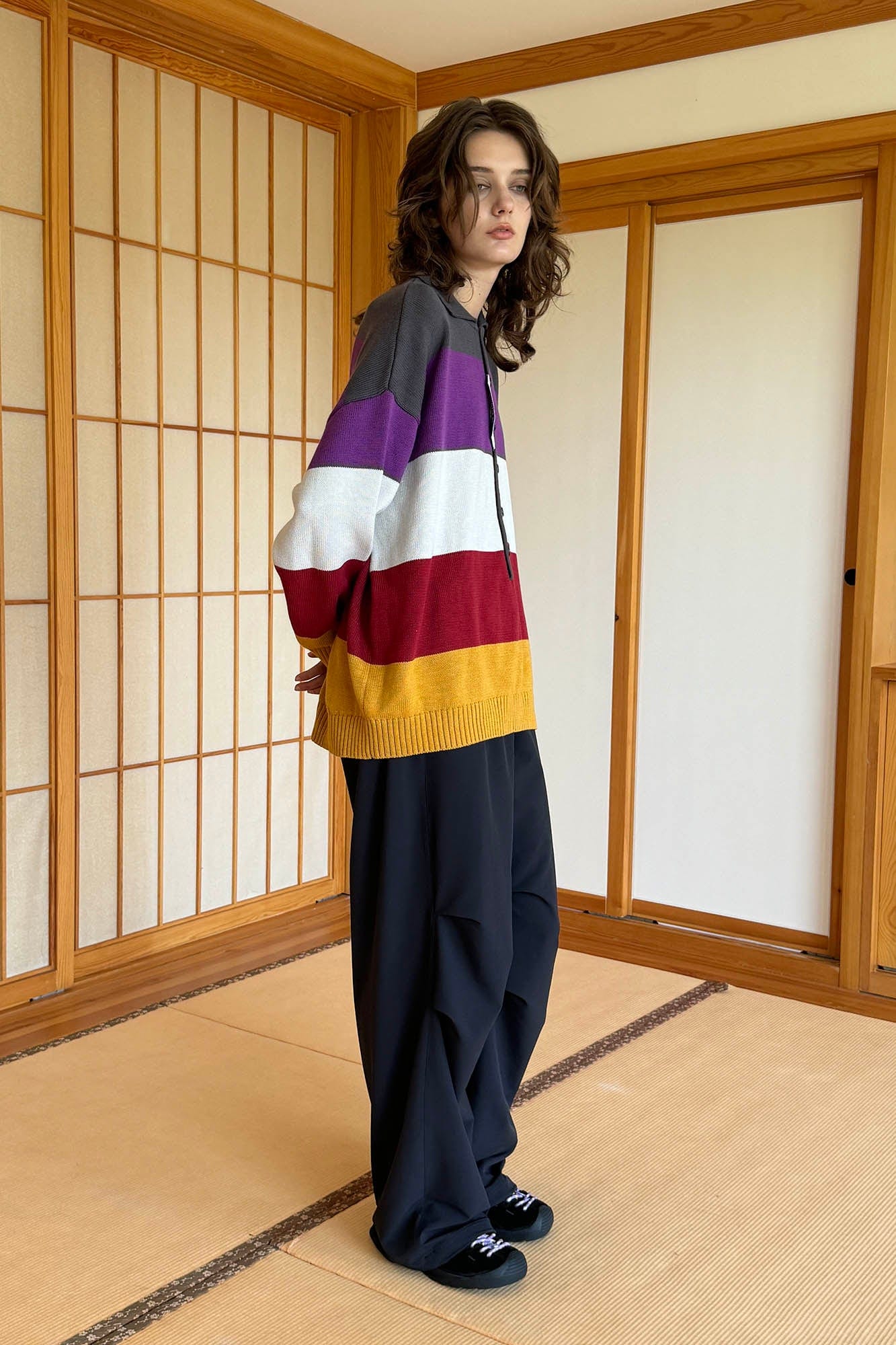 MIICHOUS Nature Magazine Wide-Stripe Polo Sweater-Sweater-S-Grey-Free Shipping Leatheretro