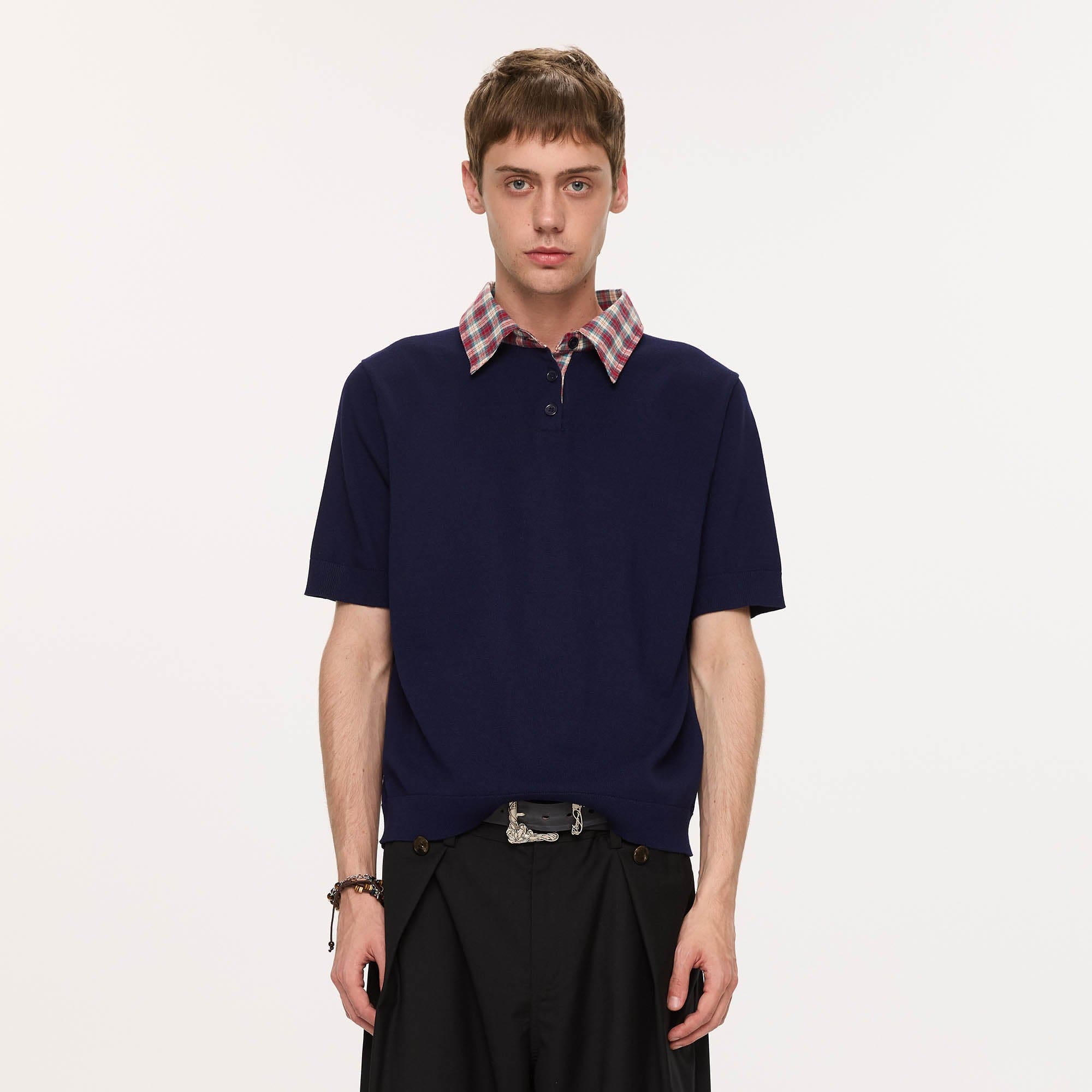 KREATE Preppy Spliced Plaid Collar Knit Polo-T Shirt-S-Navy-Free Shipping Leatheretro