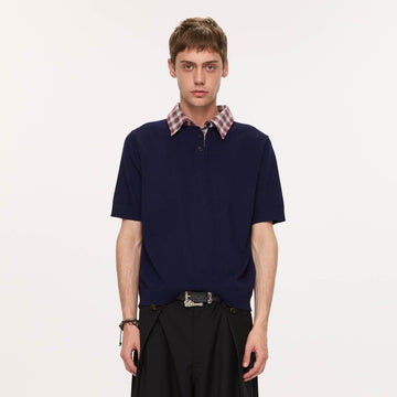 KREATE Preppy Spliced Plaid Collar Knit Polo-T Shirt-S-Navy-Free Shipping Leatheretro