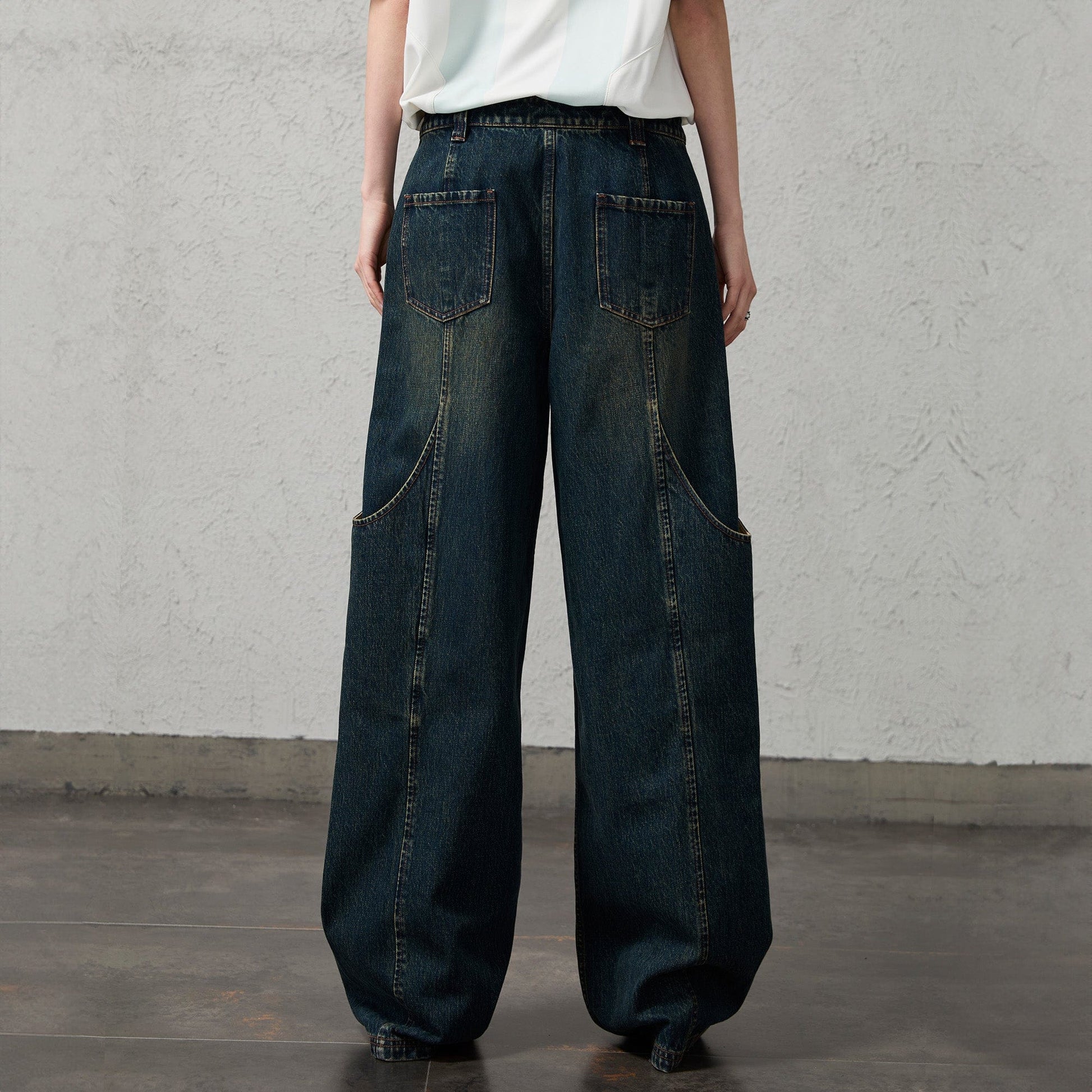 ORGANIC EMOTION Big-Pocket Paneled Wide-Leg Jeans-Jeans-S-Navy-Free Shipping Leatheretro
