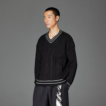 CATSSTAC Varsity V-Neck Cable-Knit Sweater-Sweater-S-Dark Gray-Free Shipping Leatheretro