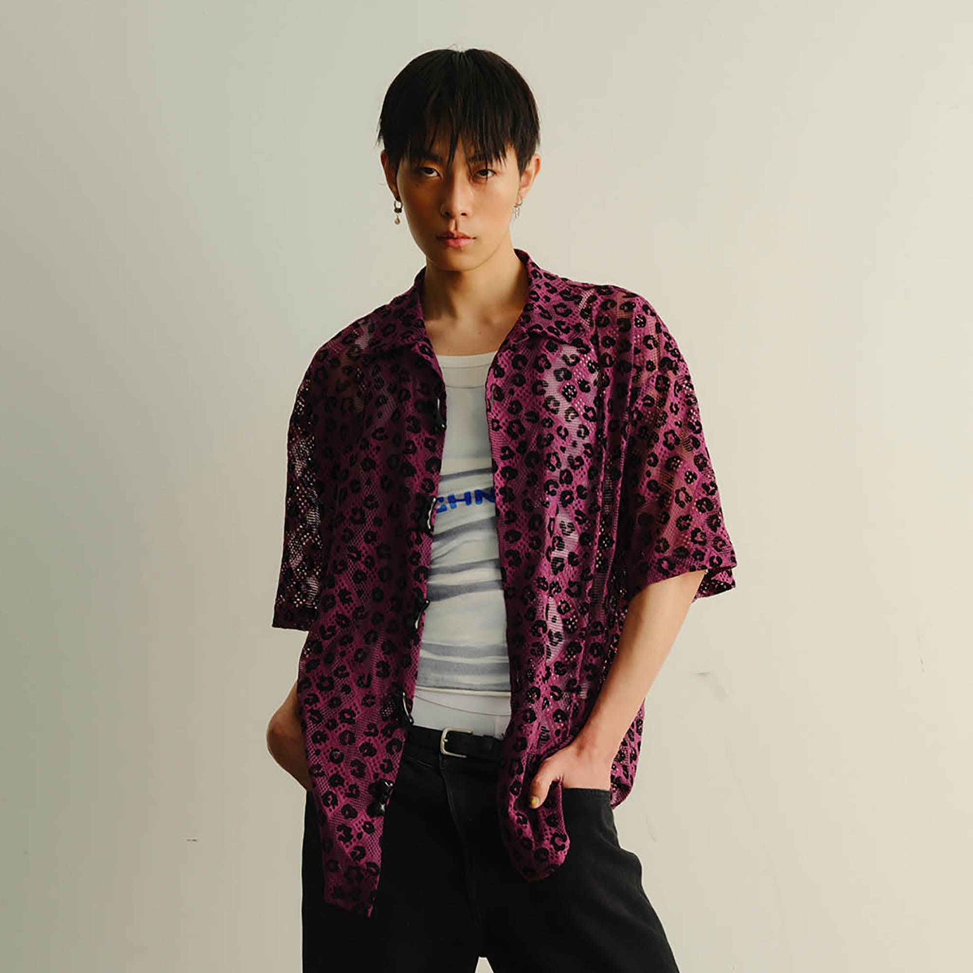 KADAKADA Leopard Lace Bone-Button Shirt-Shirt-M-Purple-Free Shipping Leatheretro