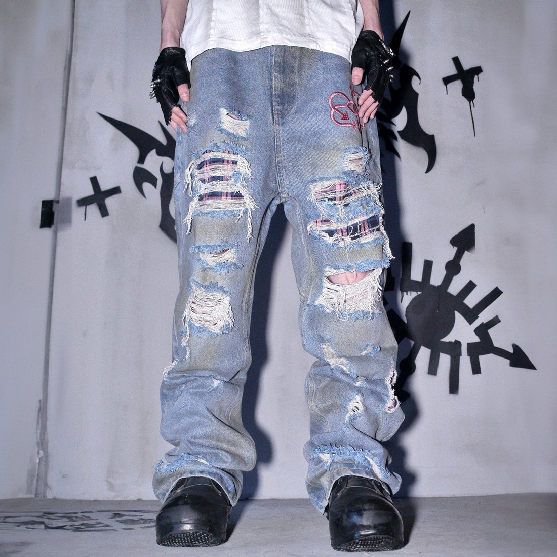 PHANTOMHUNTER Distressed Plaid-Patched Ripped Jeans-Pants-S-Free Shipping Leatheretro