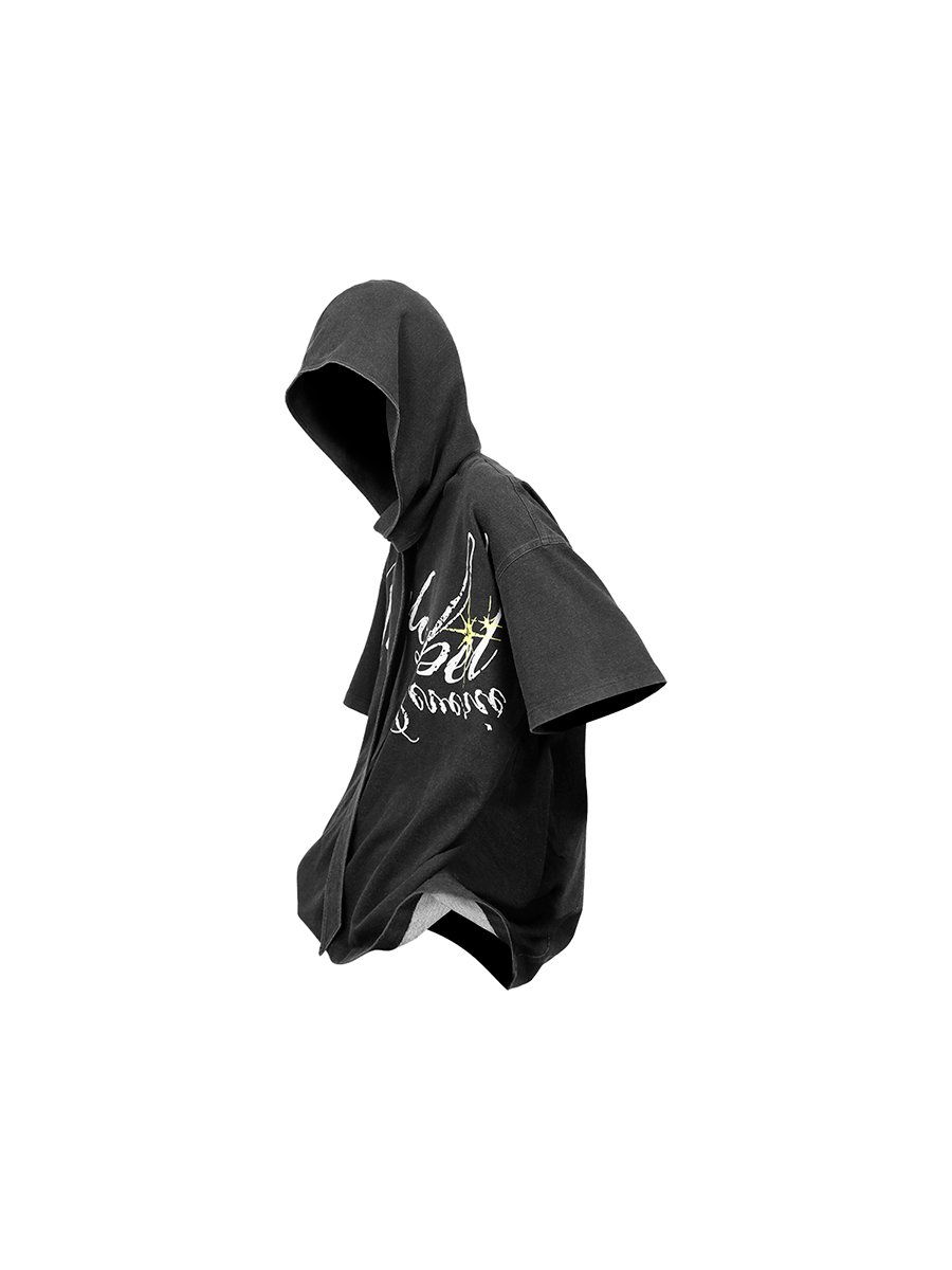 RELABEL Detachable Hood Washed Denim Tee-T Shirt-XS-Free Shipping Leatheretro