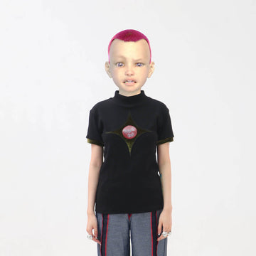 EMBRYO Four-Point Star Spliced Mock Neck T-Shirt-T Shirt-One Size-Free Shipping Leatheretro