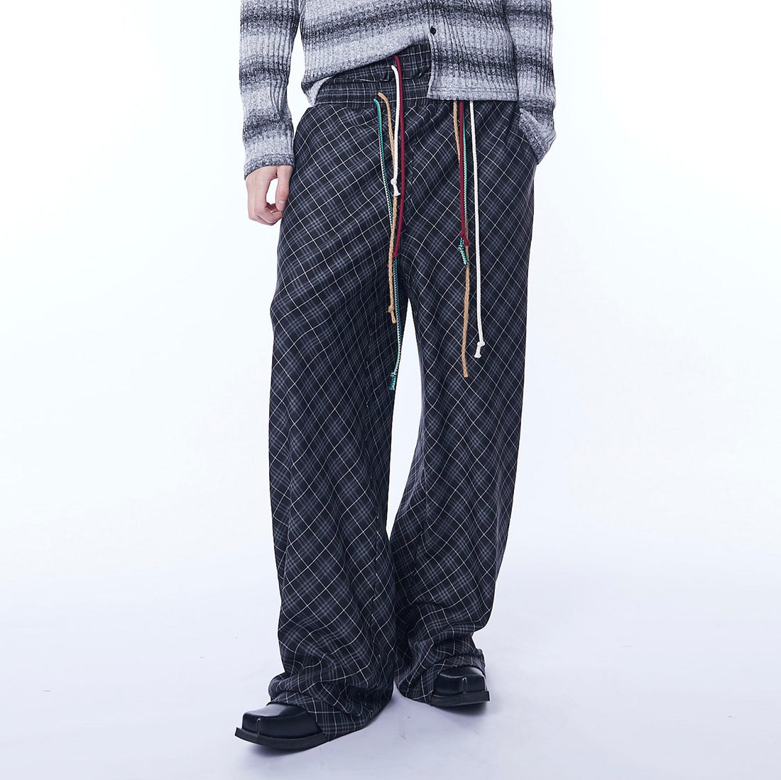 ASSEEN Plaid Double-Waist Drawstring Wide-Leg Pants-Pants-S-Free Shipping Leatheretro