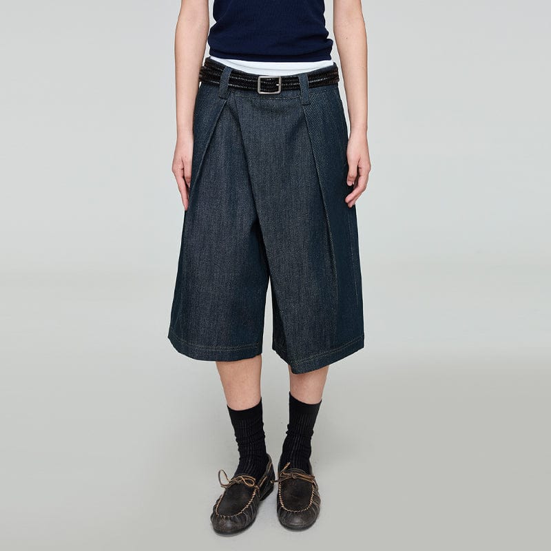 OPICLOTH Washed Asymmetric Fly Pleated Denim Shorts-Shorts-XS-Free Shipping Leatheretro