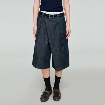 OPICLOTH Washed Asymmetric Fly Pleated Denim Shorts-Shorts-XS-Free Shipping Leatheretro