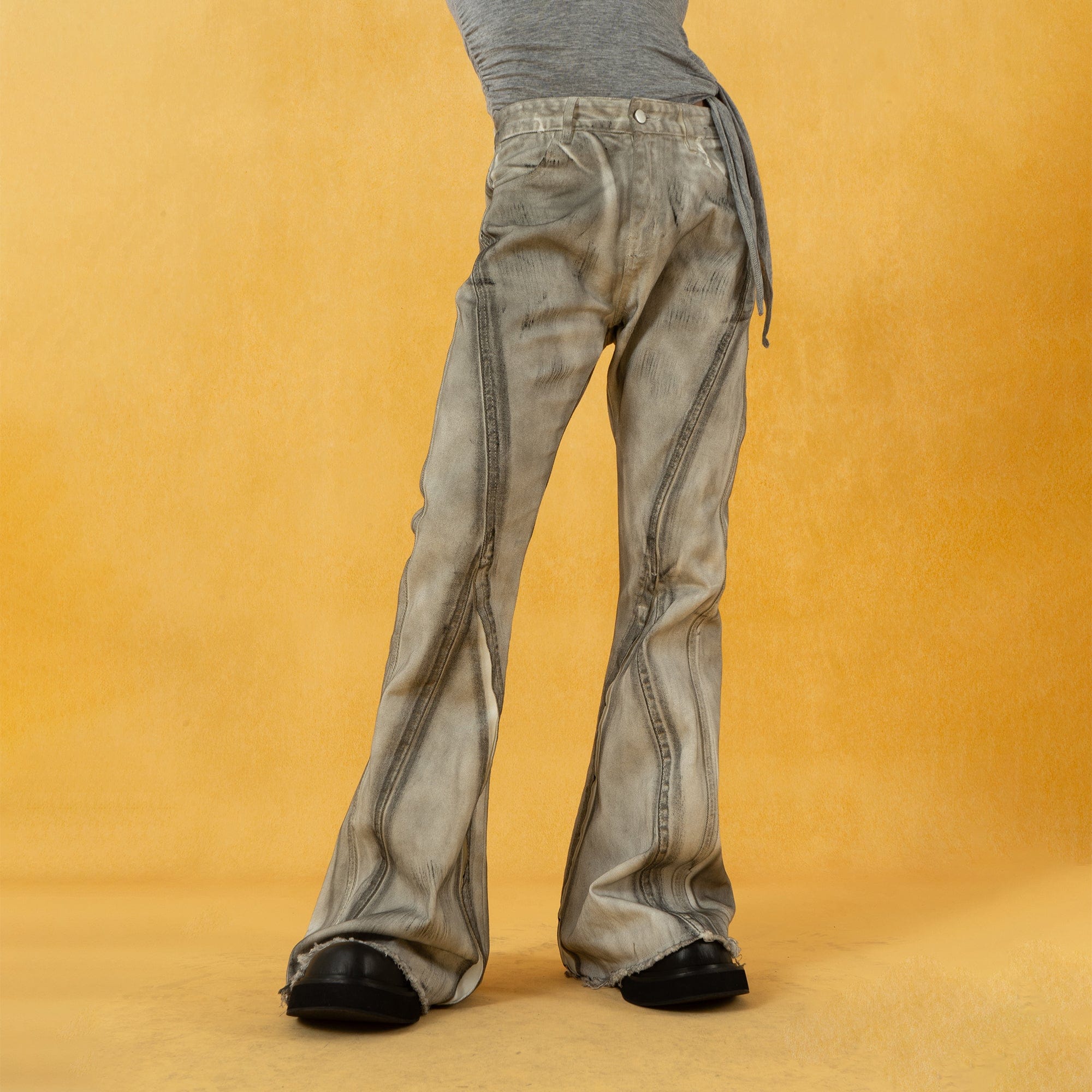 CLP Spliced Distressed Raw Edge Flared Jeans-Jeans-S-Free Shipping Leatheretro