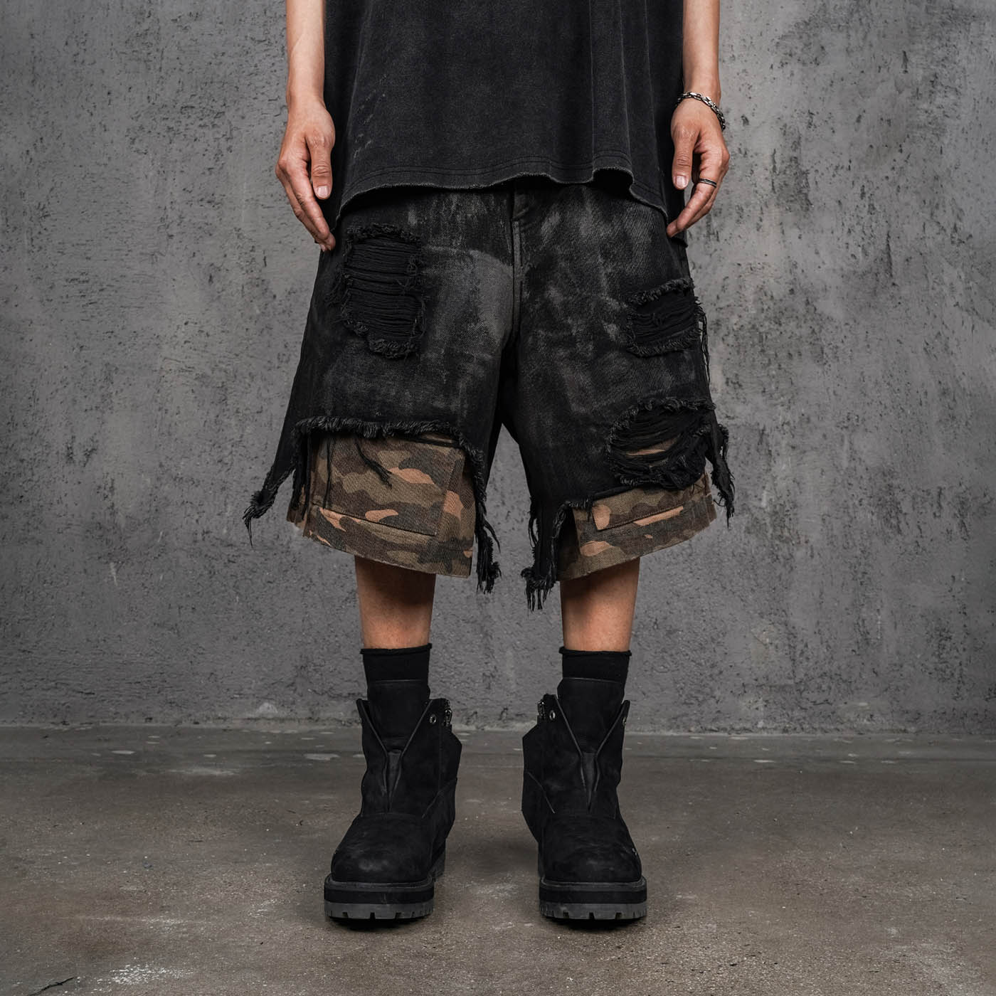 UNDERWATER Double-Layered Ripped Camo Shorts Black-Shorts-S-Free Shipping Leatheretro