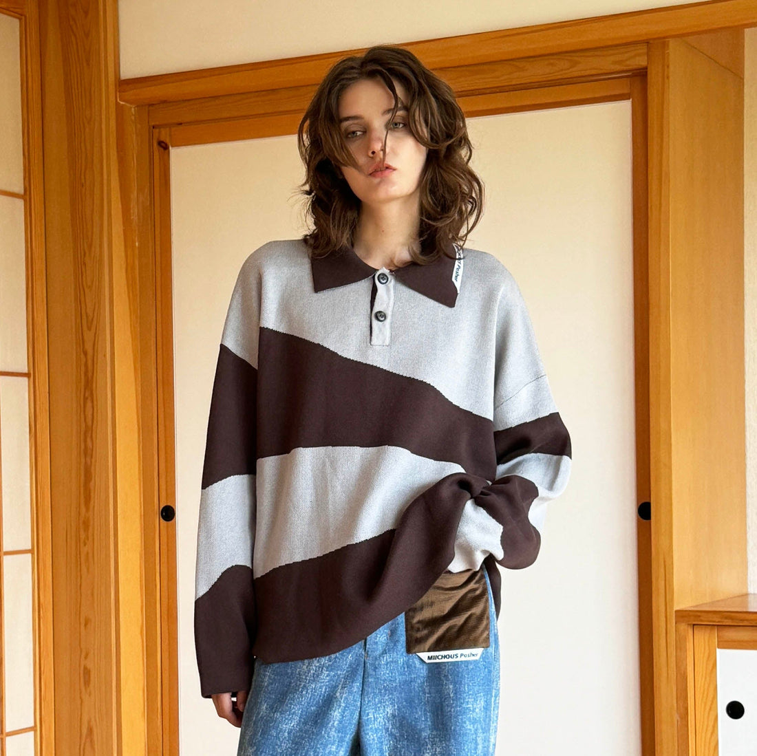 MIICHOUS Nature Magazine Ripple Stripe Polo Sweater-Sweater-S-Blue-Free Shipping Leatheretro