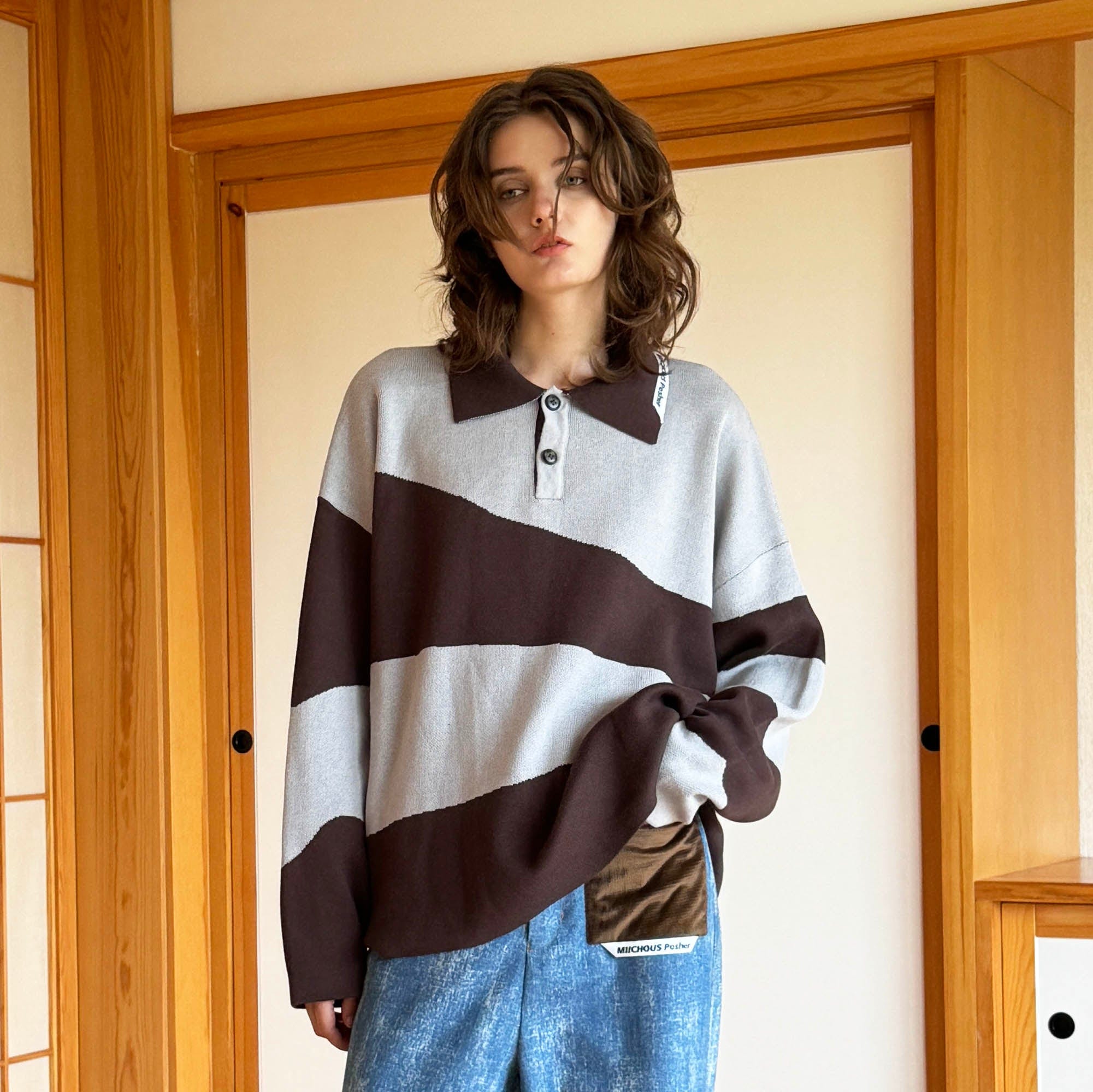 MIICHOUS Nature Magazine Ripple Stripe Polo Sweater-Sweater-S-Grey-Free Shipping Leatheretro
