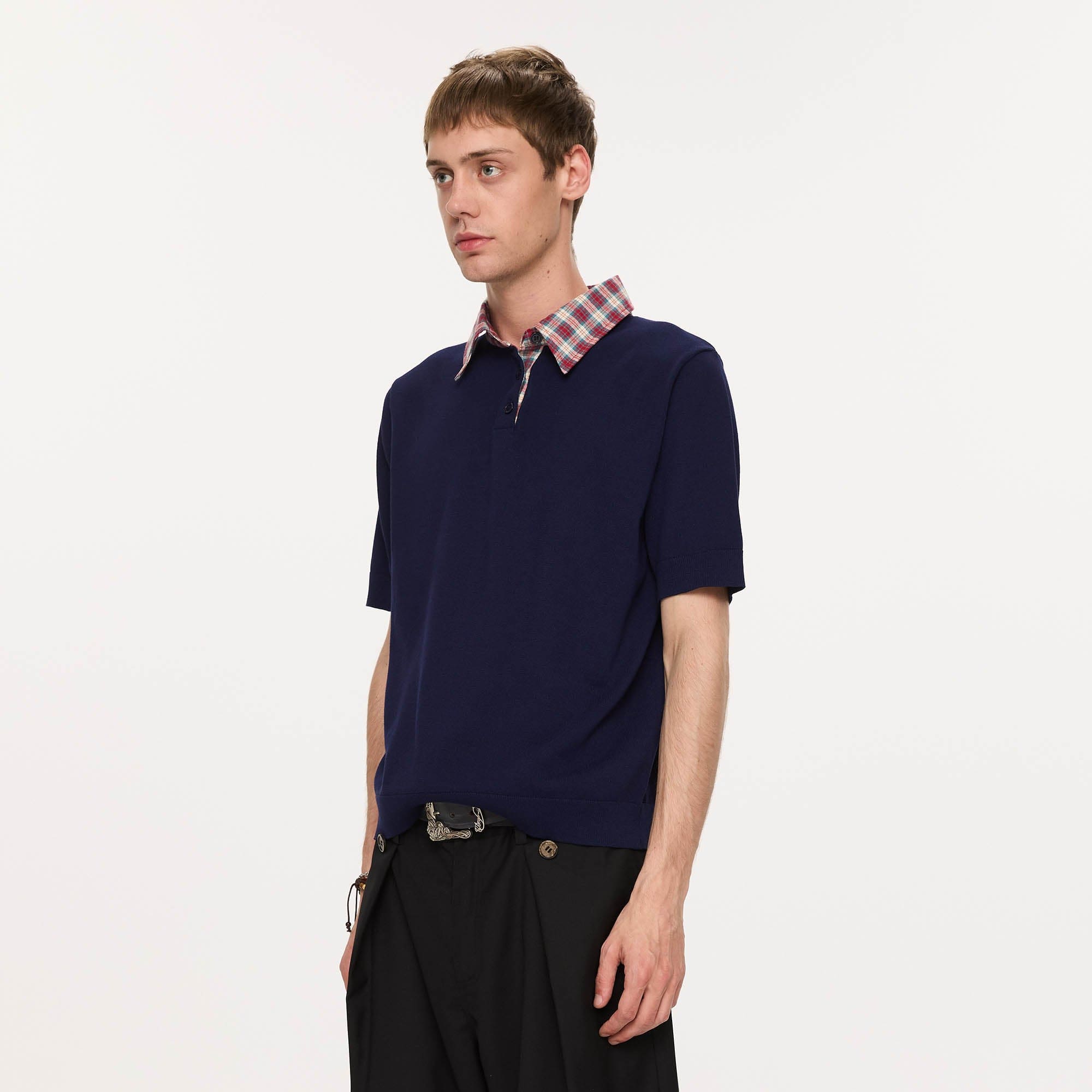 KREATE Preppy Spliced Plaid Collar Knit Polo-T Shirt-S-Navy-Free Shipping Leatheretro