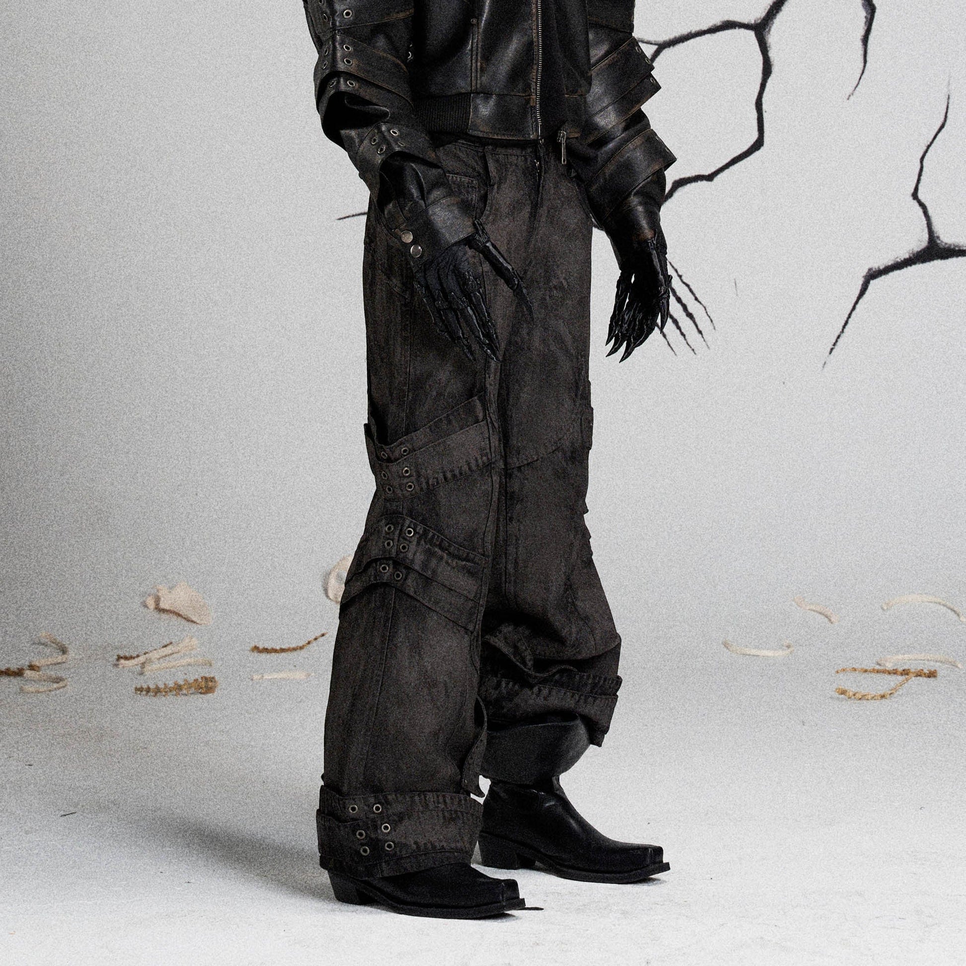 FLYERRER Mutation Layered Strap Distressed Wide-Leg Pants-Pants-S-Free Shipping Leatheretro