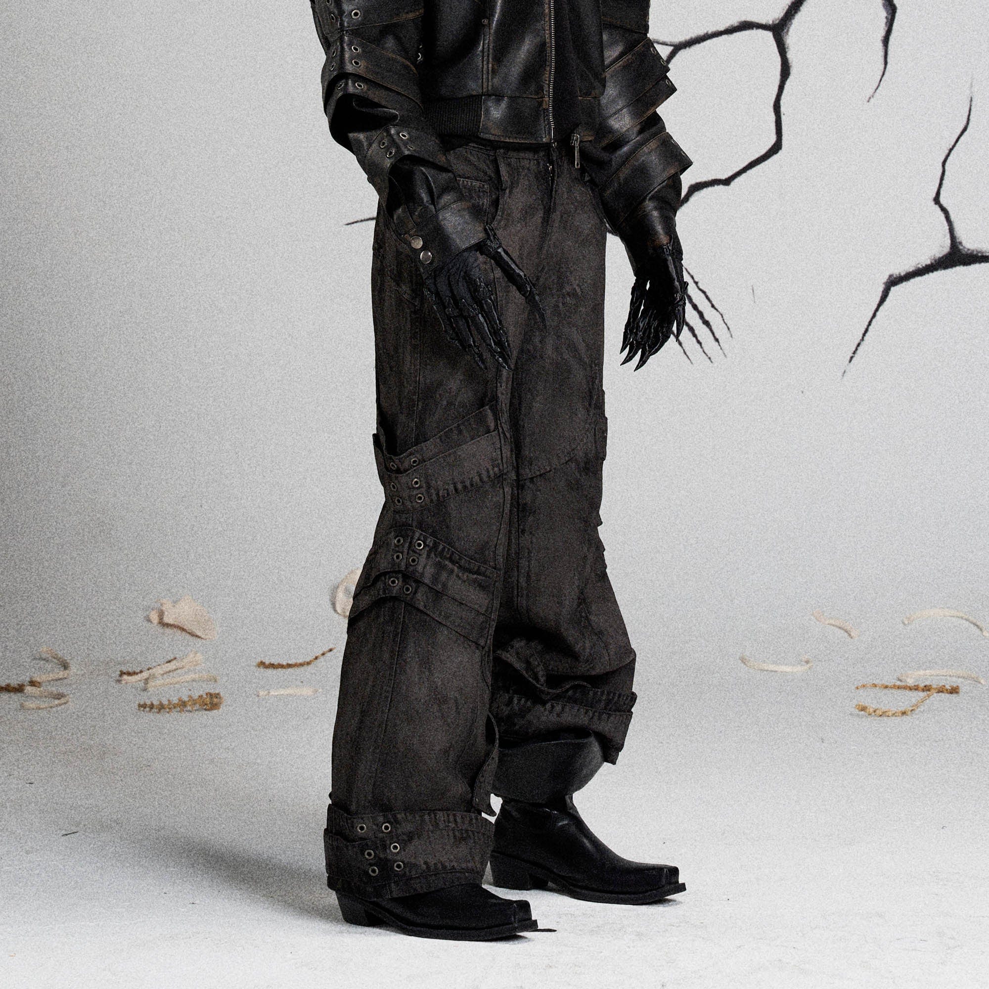 FLYERRER Mutation Layered Strap Distressed Wide-Leg Pants-Pants-S-Free Shipping Leatheretro