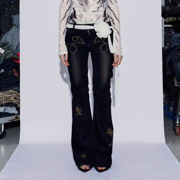 DND4DESxFaychui Rose Studded Low-Rise Flared Jeans-Jeans-S-Free Shipping Leatheretro
