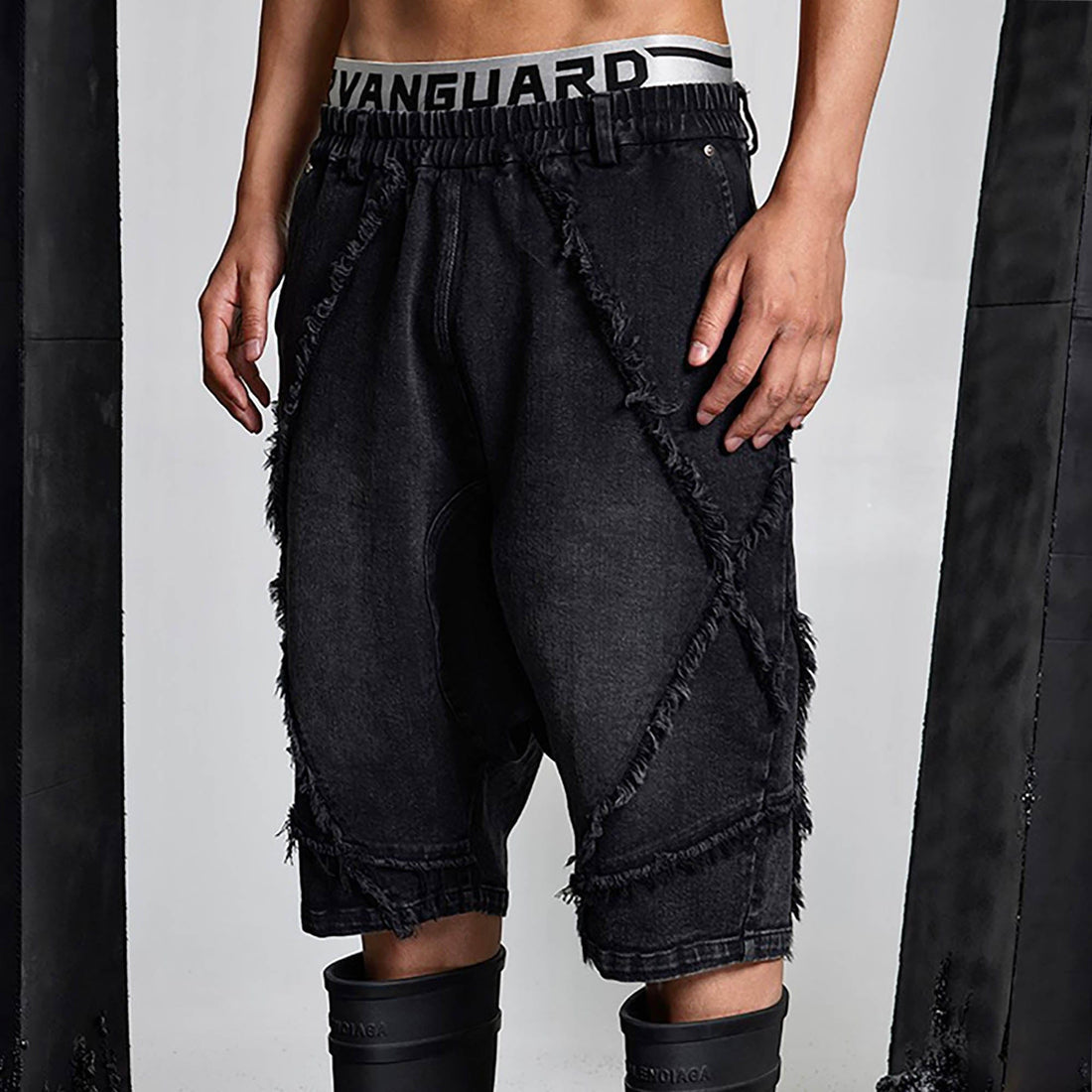 SSIN7 Washed Frayed Spliced Denim Shorts-Shorts-S-Free Shipping Leatheretro