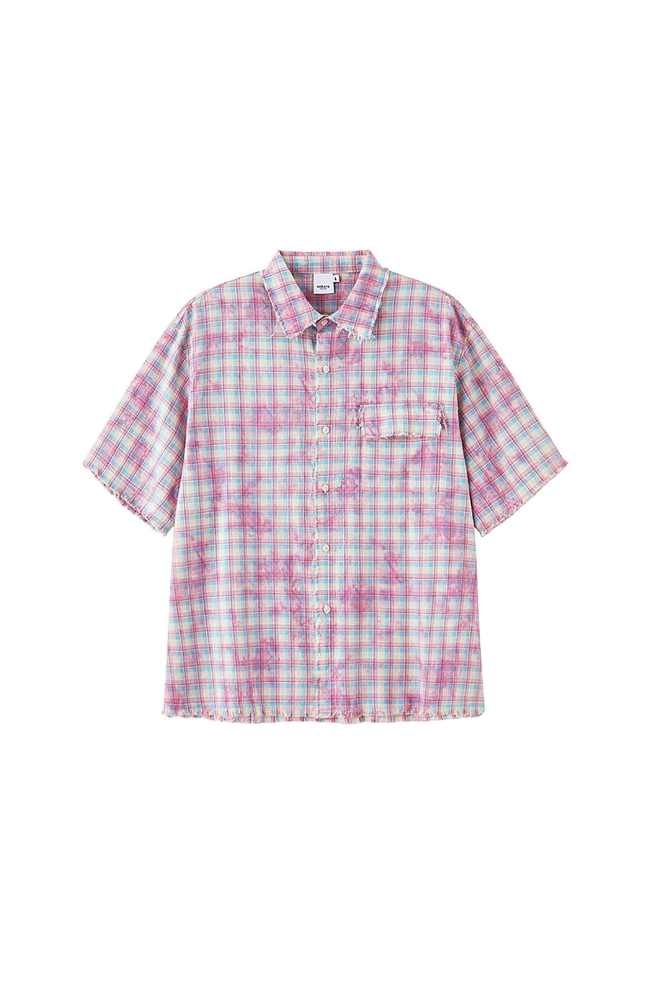 KREATE Frayed Tie-Dye Plaid Half Shirt-Half shirt-S-Pink-Free Shipping Leatheretro