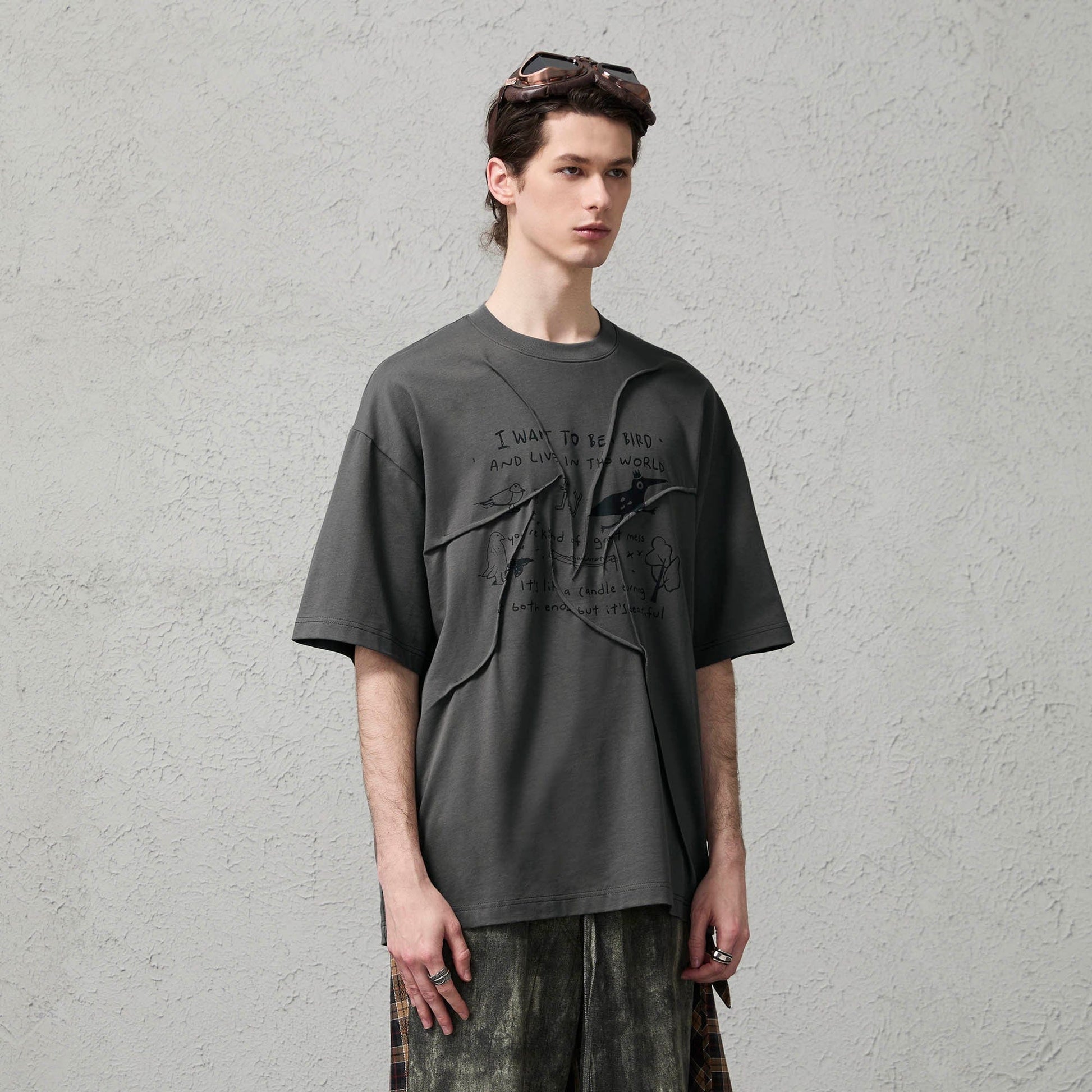 ORGANIC EMOTION Asymmetrical Pleated Script Graphic T-Shirt-T Shirt-S-Free Shipping Leatheretro