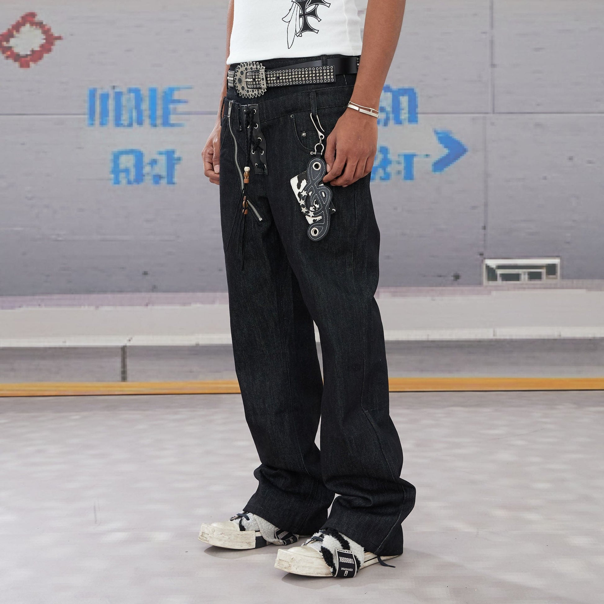 DND4DES Slanted Zipper Lace-Up Double-Waistband Raw Jeans-Jeans-XS-Free Shipping Leatheretro