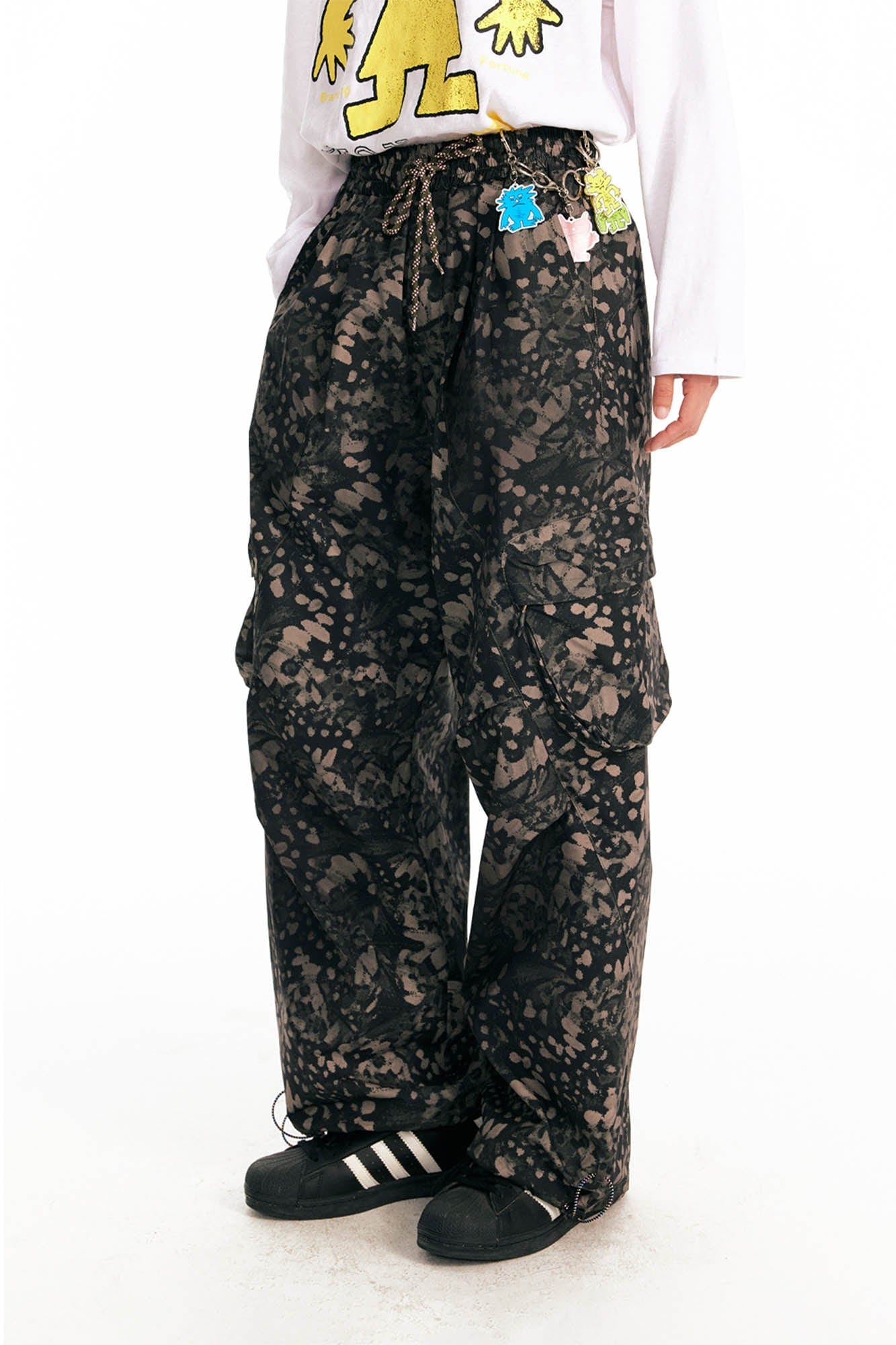 1997 POSTOFFICE Splatter Camo Crinkled Drawstring Cargo Pants-Pants-S-Black-Free Shipping Leatheretro