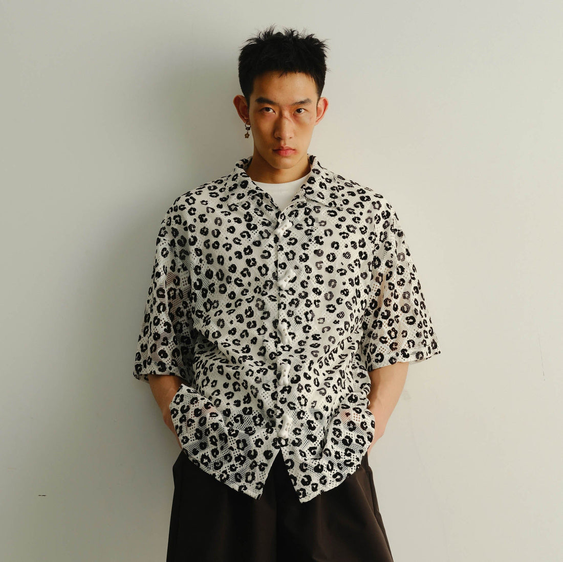KADAKADA Leopard Lace Bone-Button Shirt-Shirt-M-Purple-Free Shipping Leatheretro