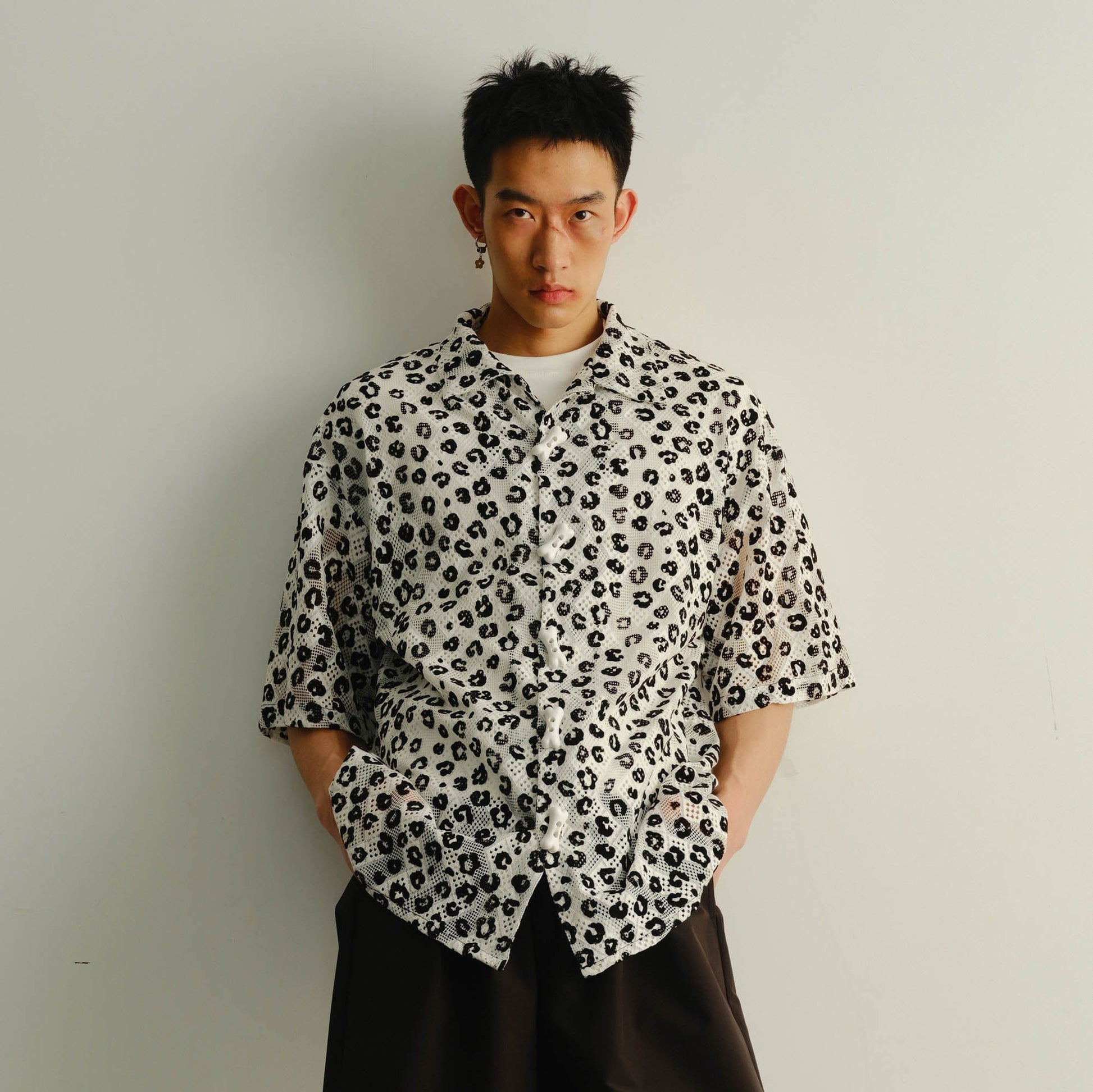 KADAKADA Leopard Lace Bone-Button Shirt-Shirt-M-White-Free Shipping Leatheretro