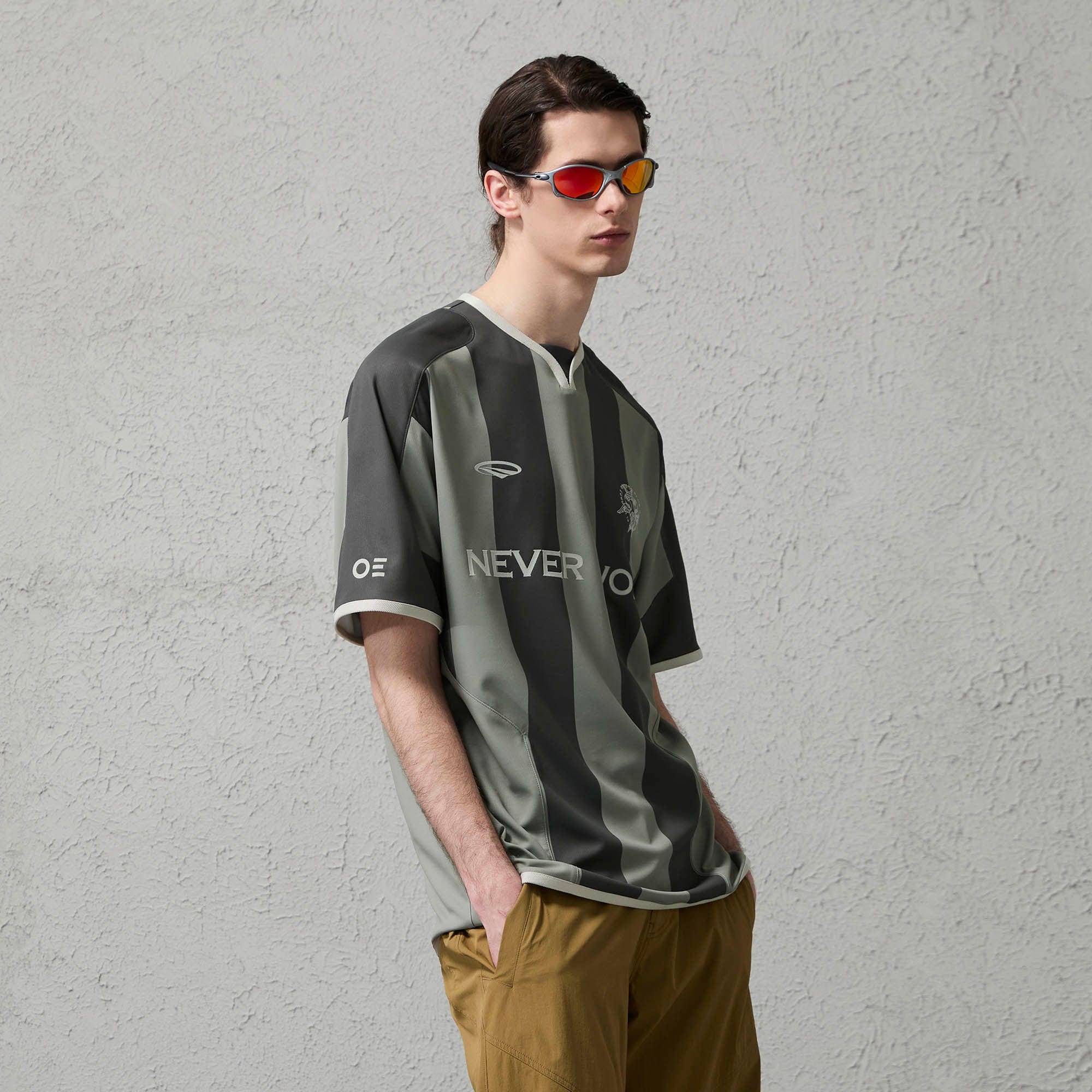 ORGANIC EMOTION Never Work Slogan Stripes Spliced Jersey-T Shirt-S-Gray-Free Shipping Leatheretro