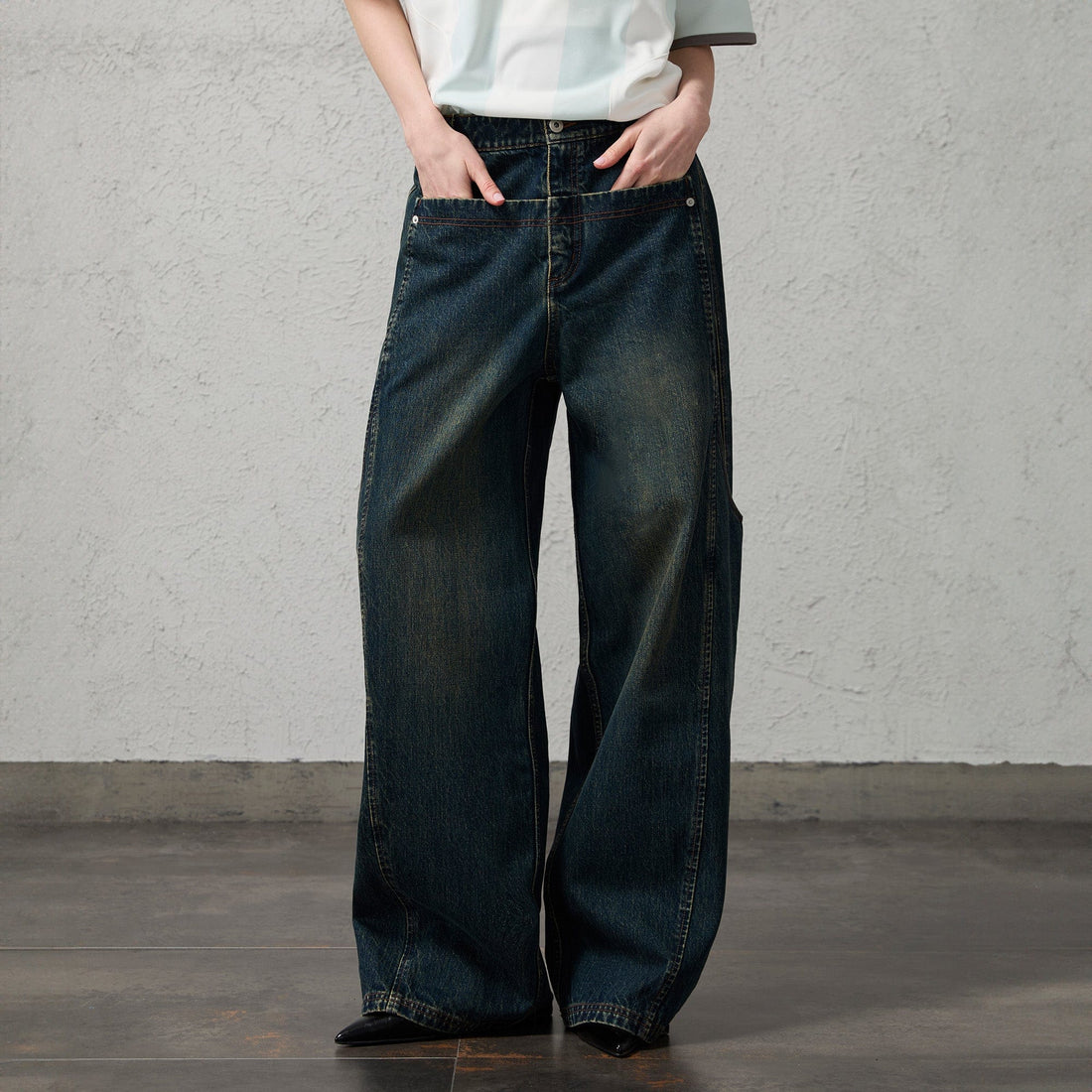 ORGANIC EMOTION Big-Pocket Paneled Wide-Leg Jeans-Jeans-S-Navy-Free Shipping Leatheretro